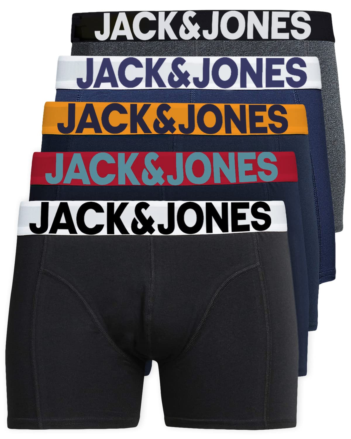 JACK & JONES 12204864 - Confezione di 5 mutande boxer da uomo, colore bianco, nero, blu e grigio, XXL