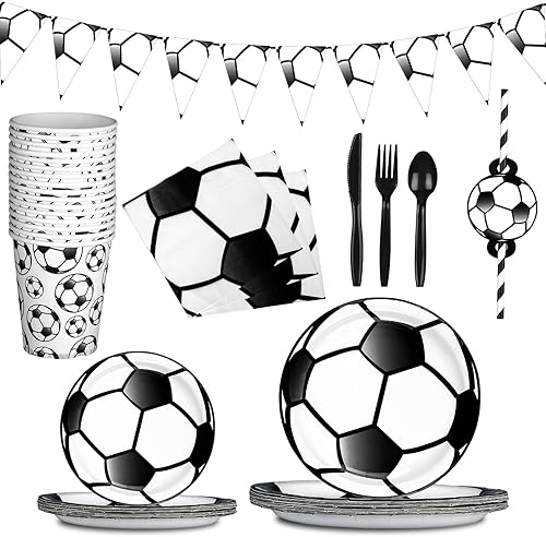 Mifoci Juego de 129 piezas de suministros de fiesta de fútbol, incluye platos de papel de fútbol de 9 pulgadas, platos de 7 pulgadas, tazas,