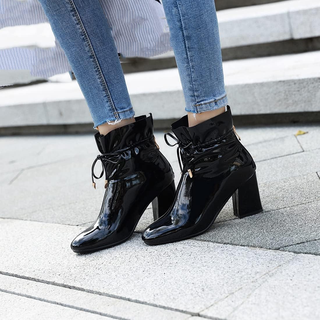 VOKLIN Women's Square Toe Dressy Ankle Boots Patent Leather Lace Up Zipper Chunky High Heel Short Booties