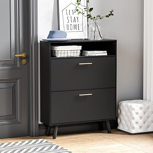 Armario de zapatos para entrada, gabinete delgado de almacenamiento de zapatos con 2 cajones abatibles, organizador de zapatos independiente con