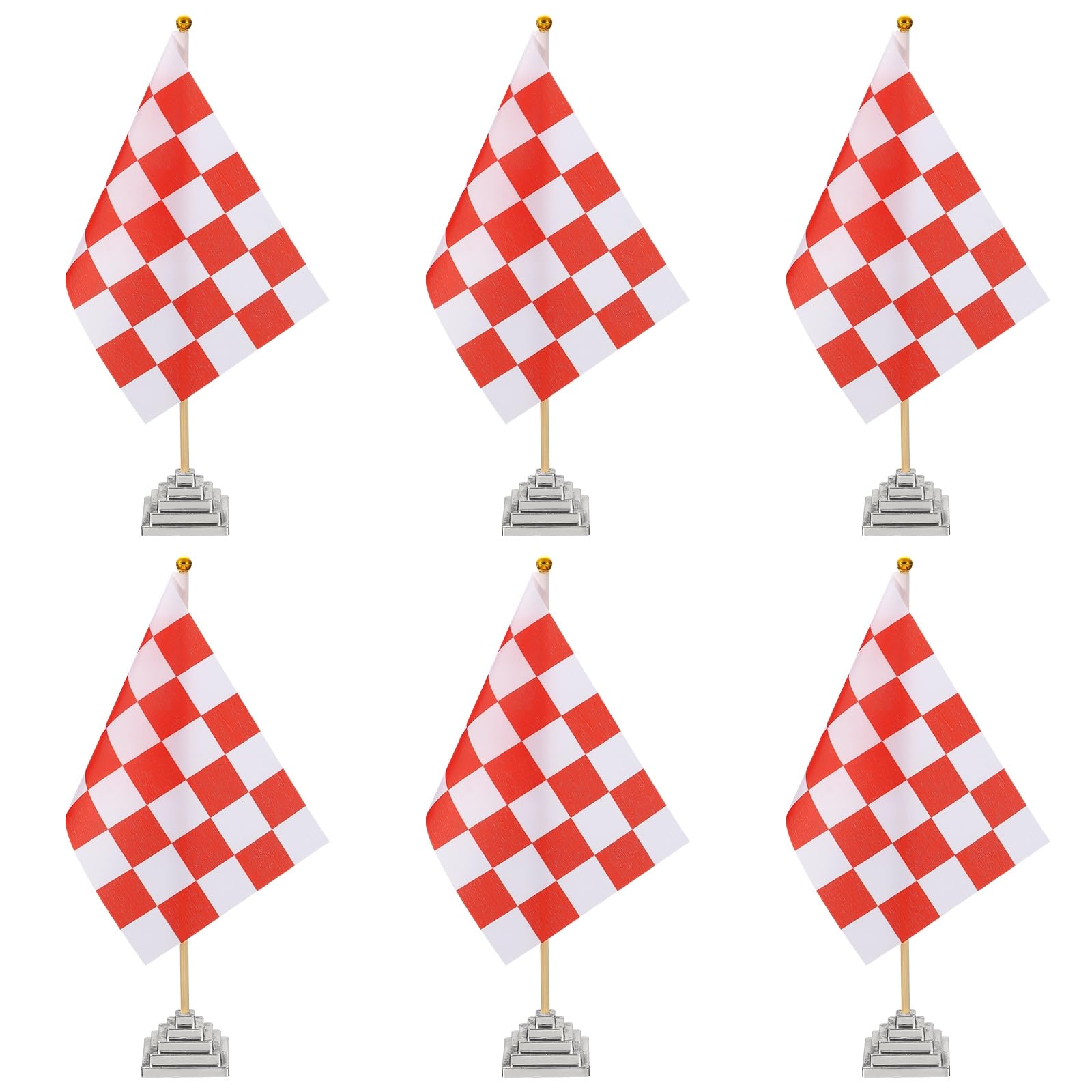 Drapeau de table avec bâton en bambou et base carrée argentée PATIKIL rouge et blanc