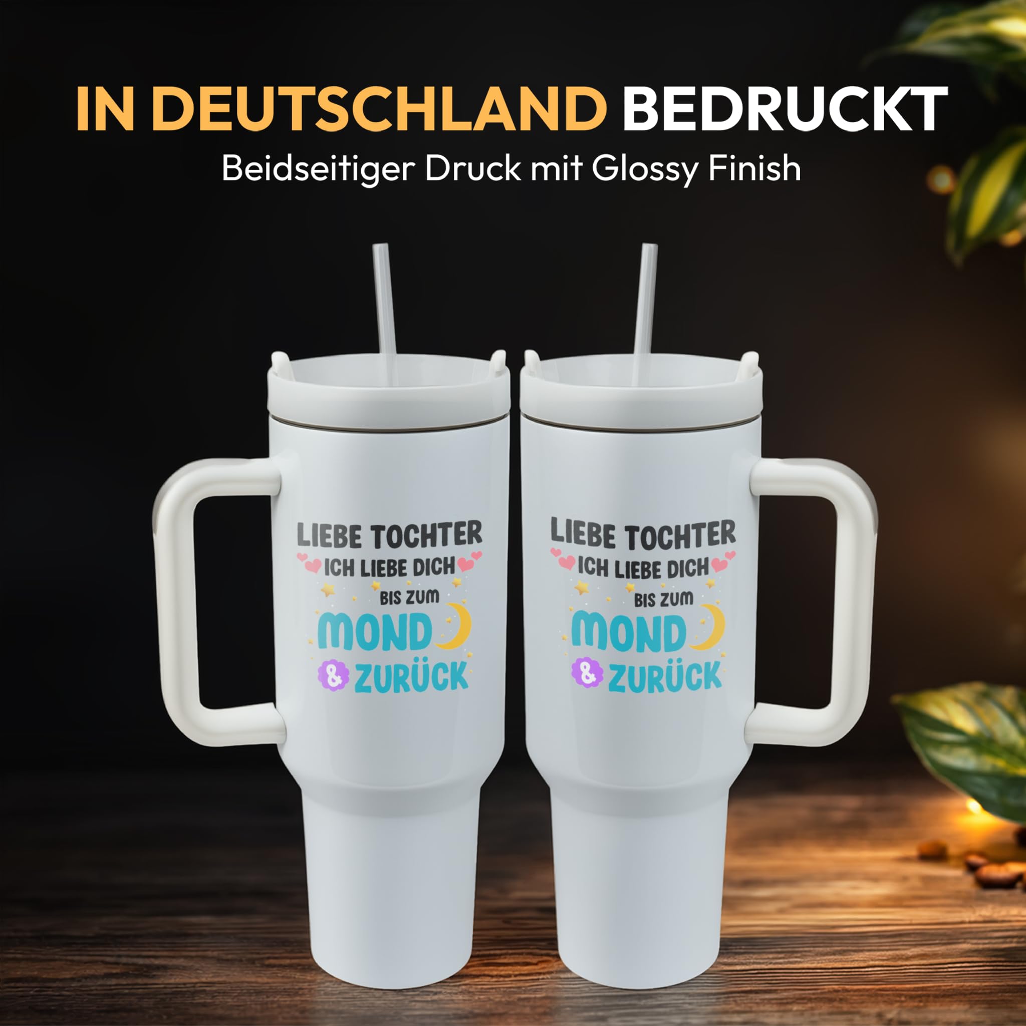 XXL Thermobecher für Tochter – Geschenk zum Geburtstag & Weihnachten – Edelstahl Trinkflasche, Weiß mit Spruch Liebe dich bis zum Mond & zurück (WIEDERVERWENDBAR)