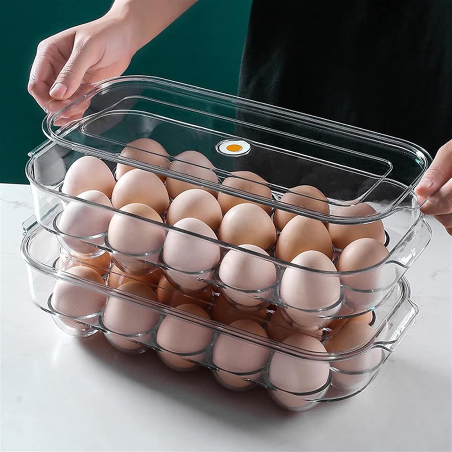 Egg Holder for Refrigerator, Portable Egg Organizer, Stackable Egg Storage Box with Lid, Clear Refrigerator Organizer Bins, 16 Grids