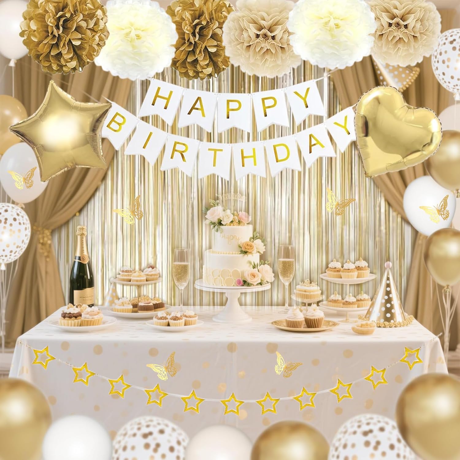 White and Gold Birthday Party Decorations Kit for Women Girls, Gold White Sand Confetti Foil Balloons Happy Birthday Banner Fringe Curtains Butterfly Golden Star Garland 21th 30th 40th - Image 5