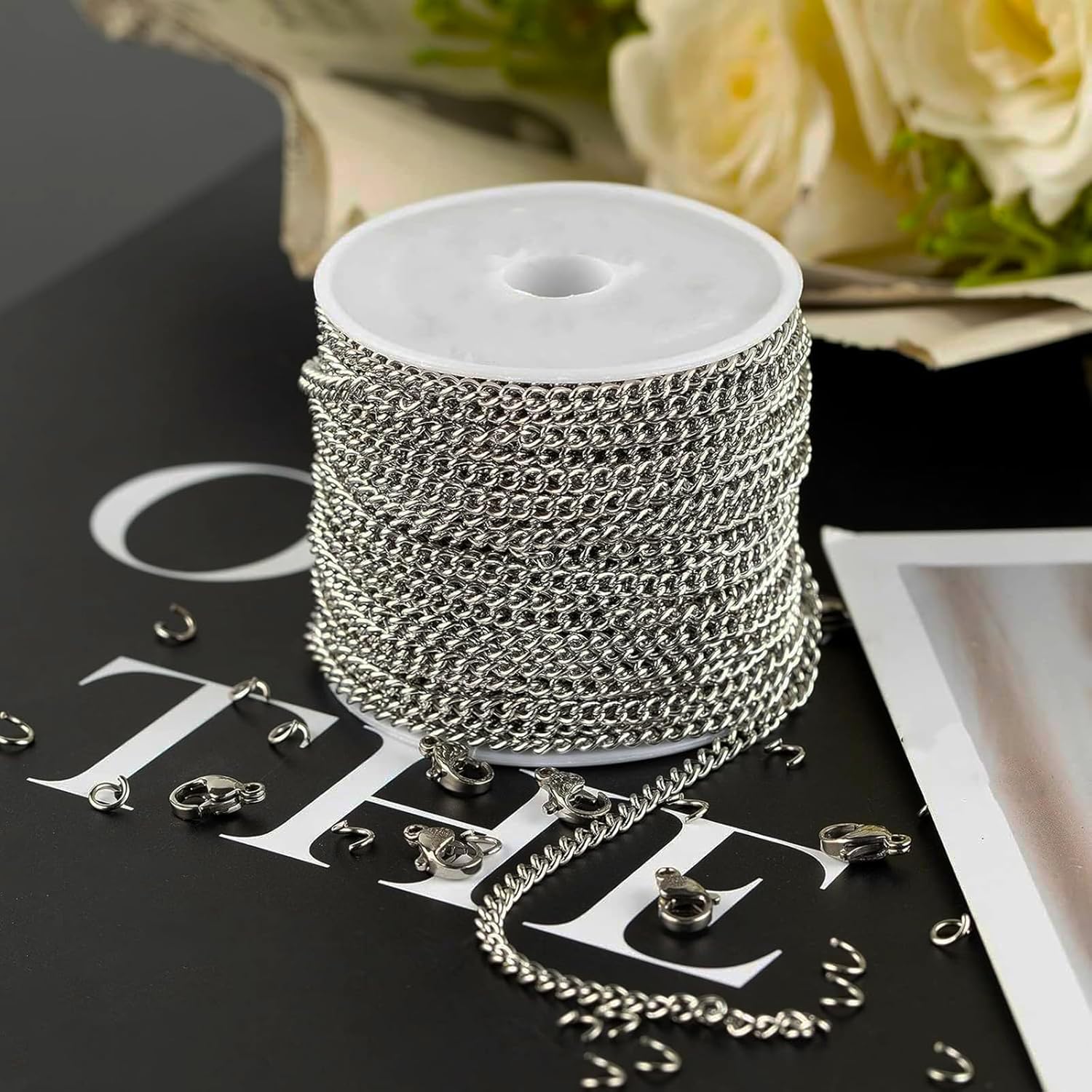 55ft Silver Stainless Steel Curb Chain for Jewelry Making,Twisted Link Chains with Spool for Necklace Bracelet,100 Pcs Jump Rings and Lobster Clasps DIY Supplies for Dog Tag,Keychain(2.8x2.2x0.6mm) - Image 6