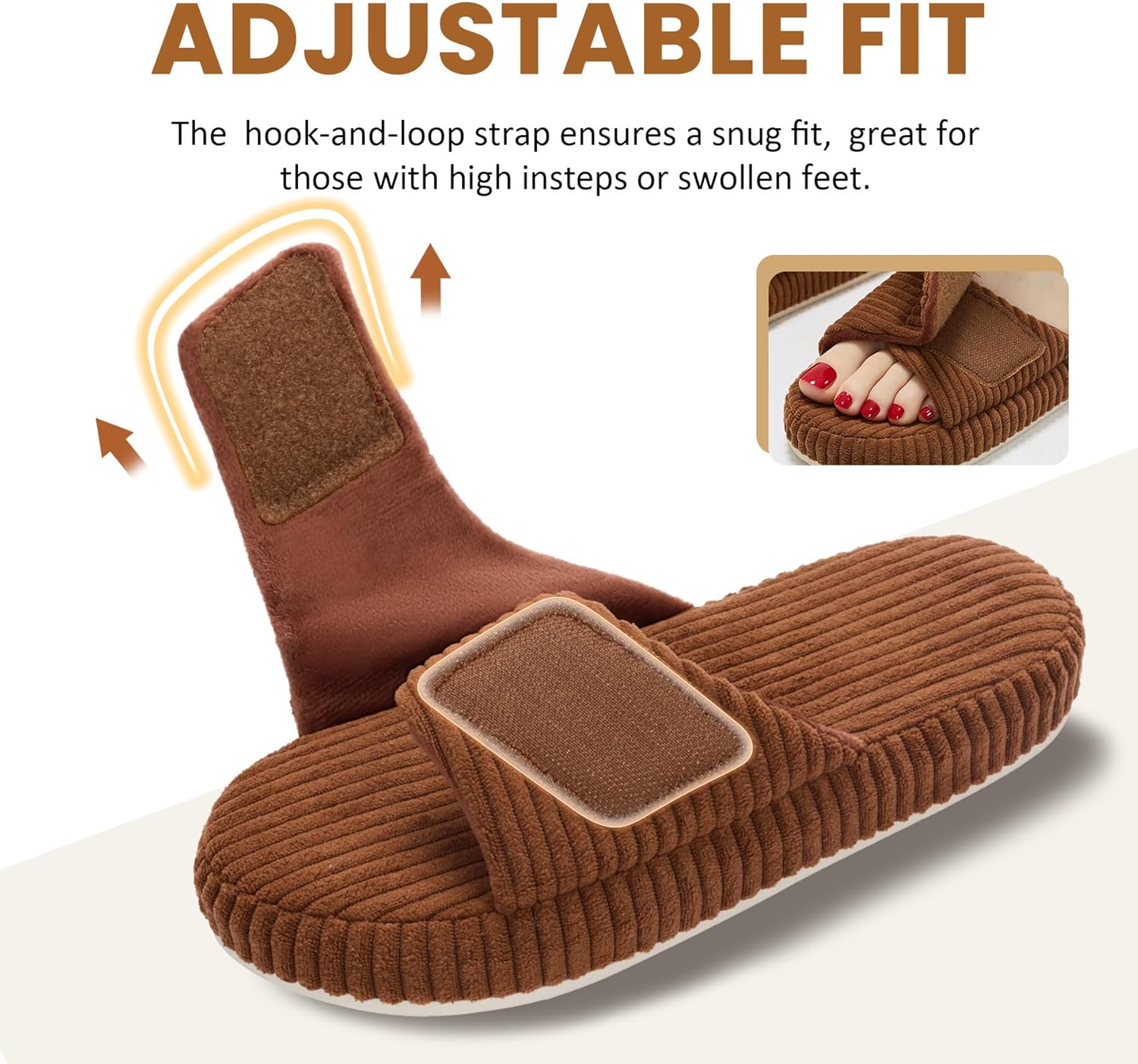Women's Adjustable Corduroy Slippers - Memory Foam Open-Toe House Shoes - Supportive Non-Slip Footwear for Bedroom, Travel - Image 3