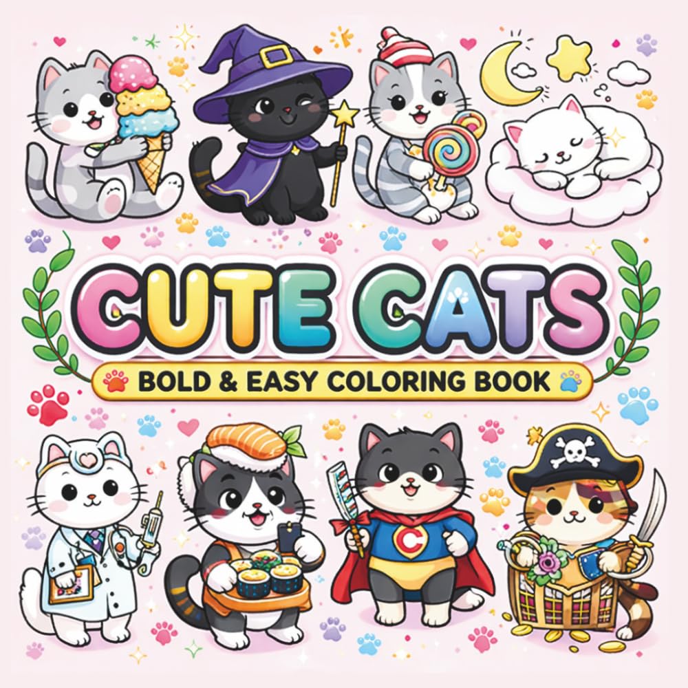 Cute Cats Bold and Easy Coloring Book: 100 Simple and Adorable Cat Designs for Relaxation and Stress Relief