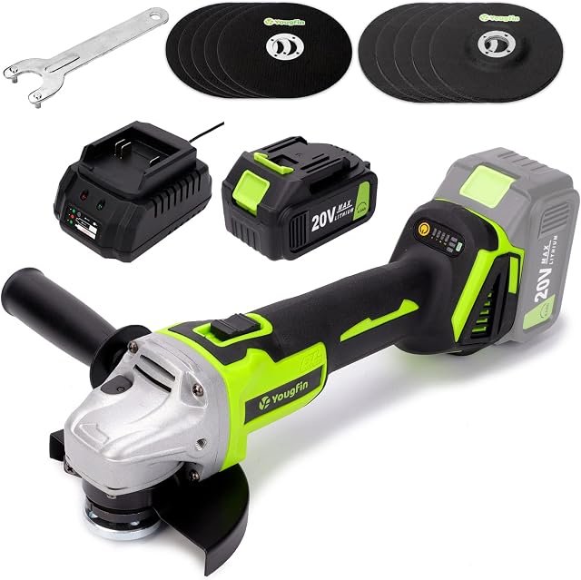 Yougfin Cordless Angle Grinder, 20V Brushless Power Tool, Adjustable 2-Position Handle, Max 9000 RPM Brushless Electric Grinder with Battery & Charger, Safety Guard for Grinding & Cutting