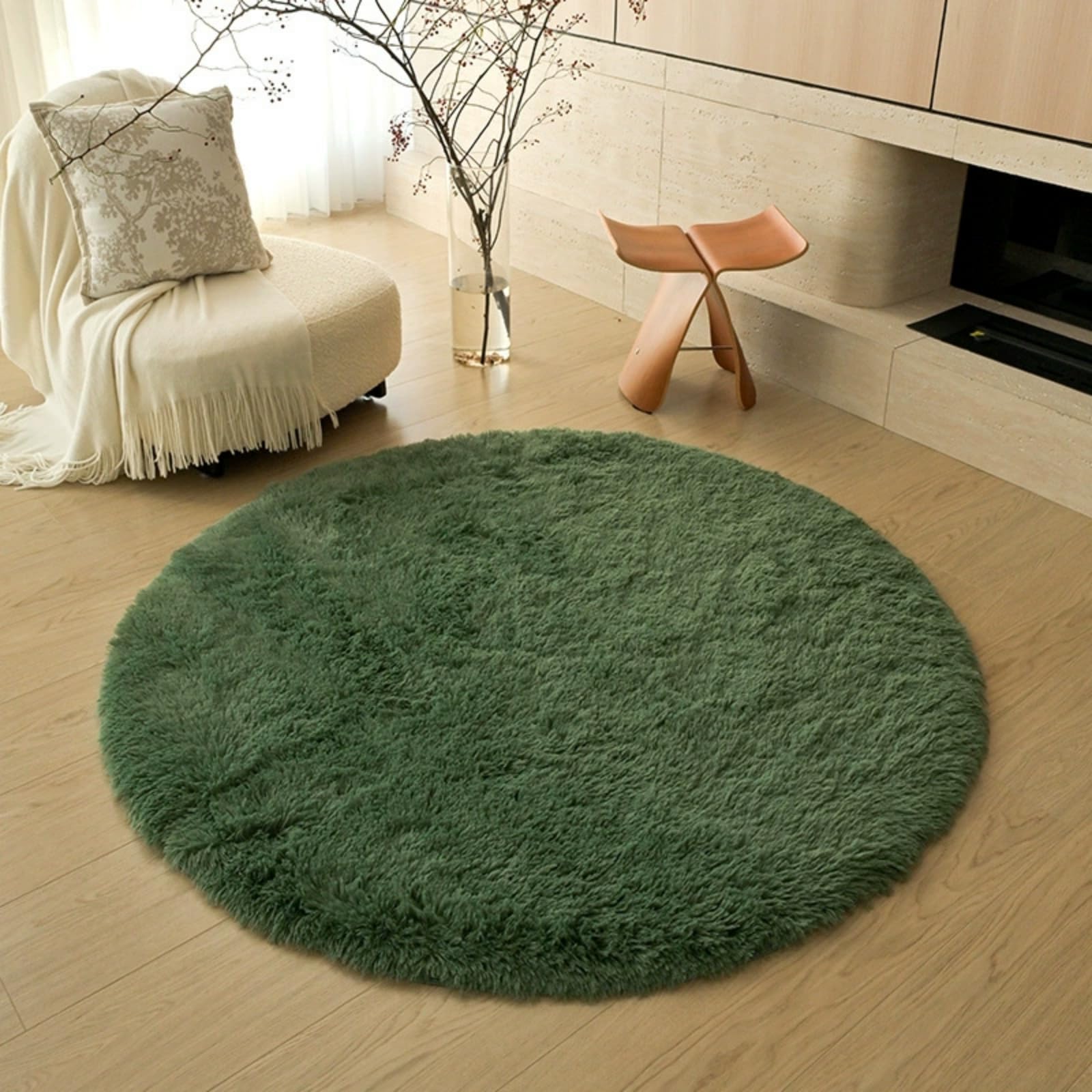 Hearda Fluffy Round Rugs Living Room, Shaggy Rugs for Bedrooms Soft Thick Pile Plush Floor Mat with Non Slip Bottom Modern Kids Carpet Play Mat for Bedside Kids Room (Dark Green D,160cm)