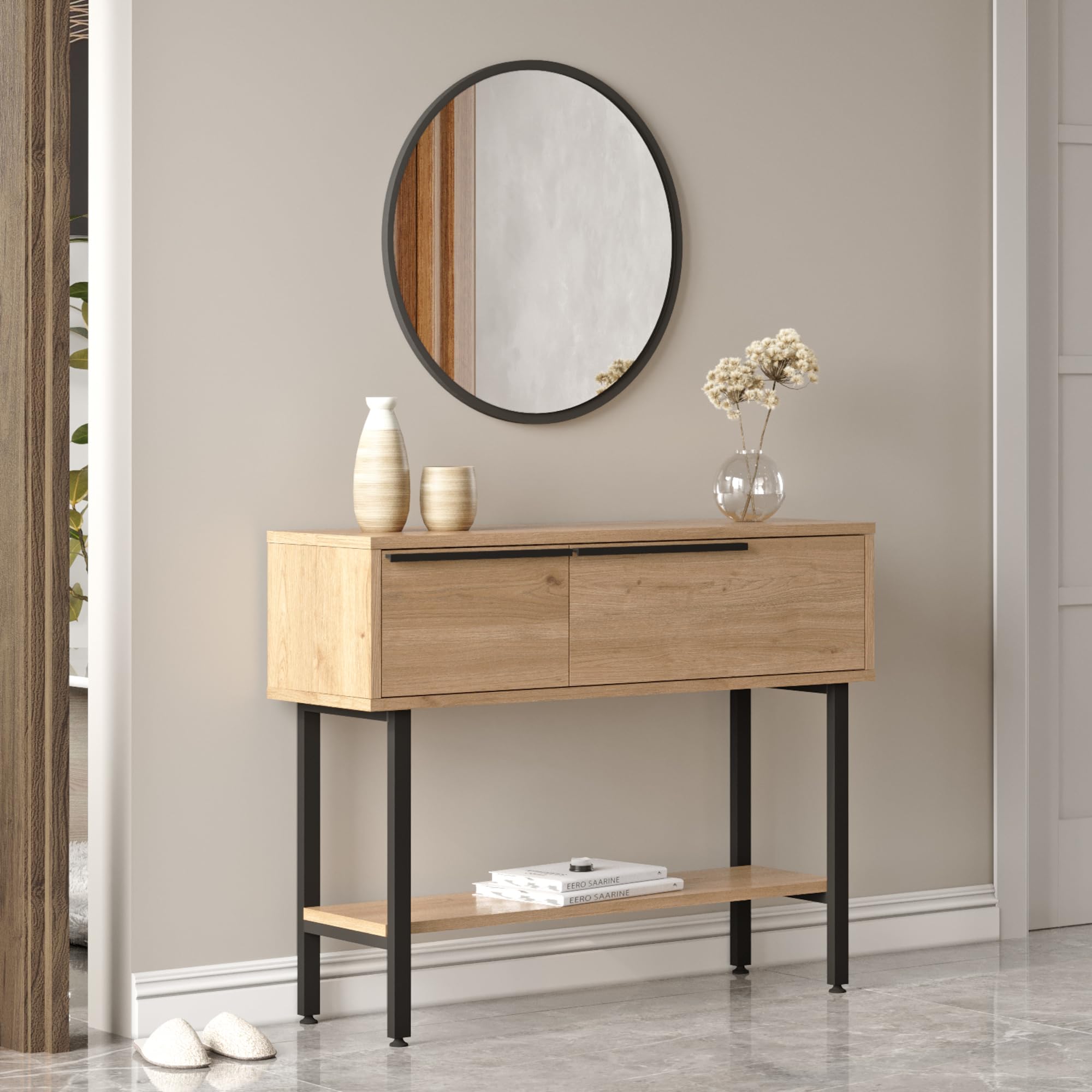 [en.casa] Mueble Recibidor Vesanto con 2 Compartimentos Cerrados y 1 Estante Consola Mesa de Entrada con 2 Puertas Abatibles Aglomerado Metal 100x30x76 cm - Efecto Roble