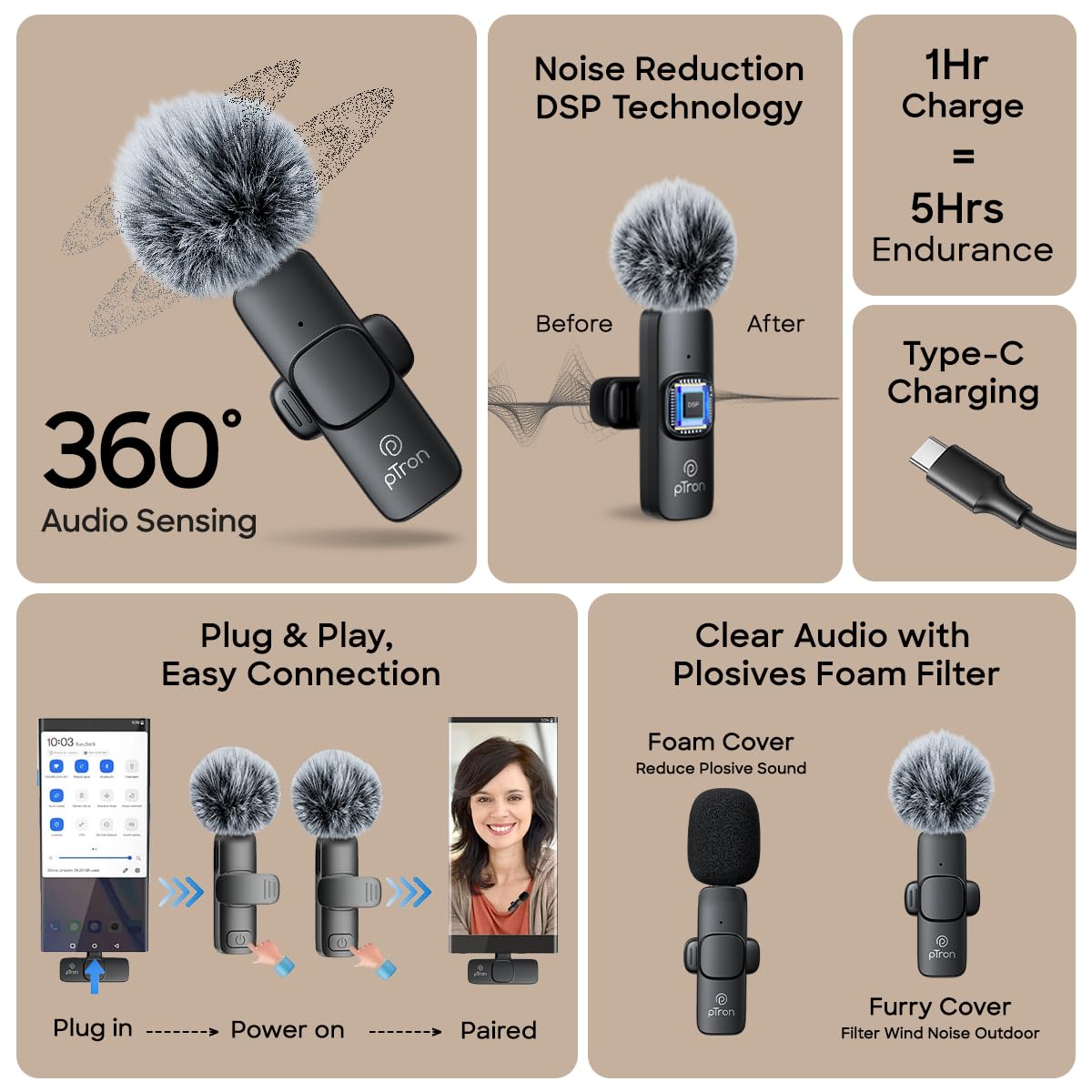 pTron Wireless Microphone - 25m Range, Noise Cancellation -2