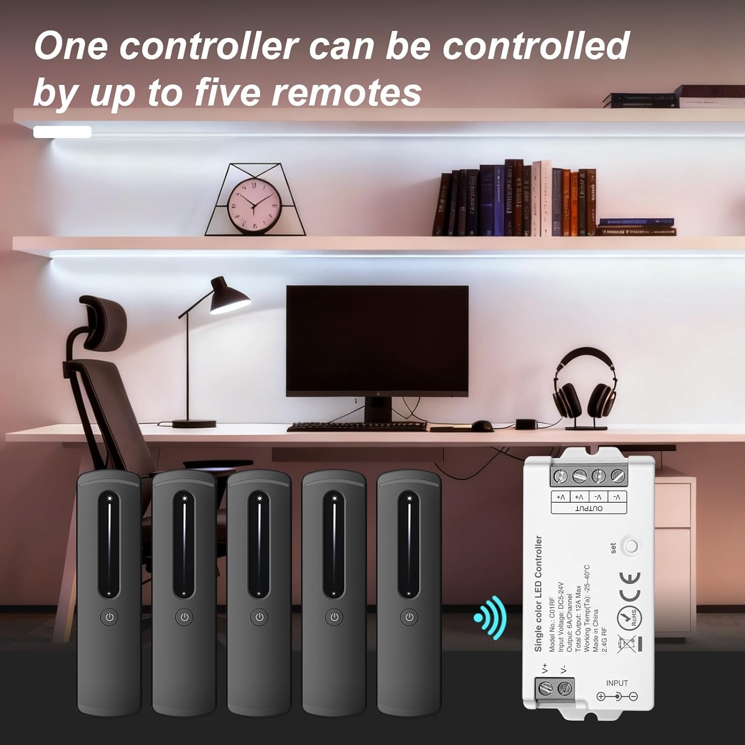 2.4GHz RF Single Color LED Strip Controller Remote Kit, Wireless Remote & Controller Dimmer with Group Control Adjust Brightness Touch Slide for PWM 2Pin COB LED Strip Light DC5V DC12V DC24V