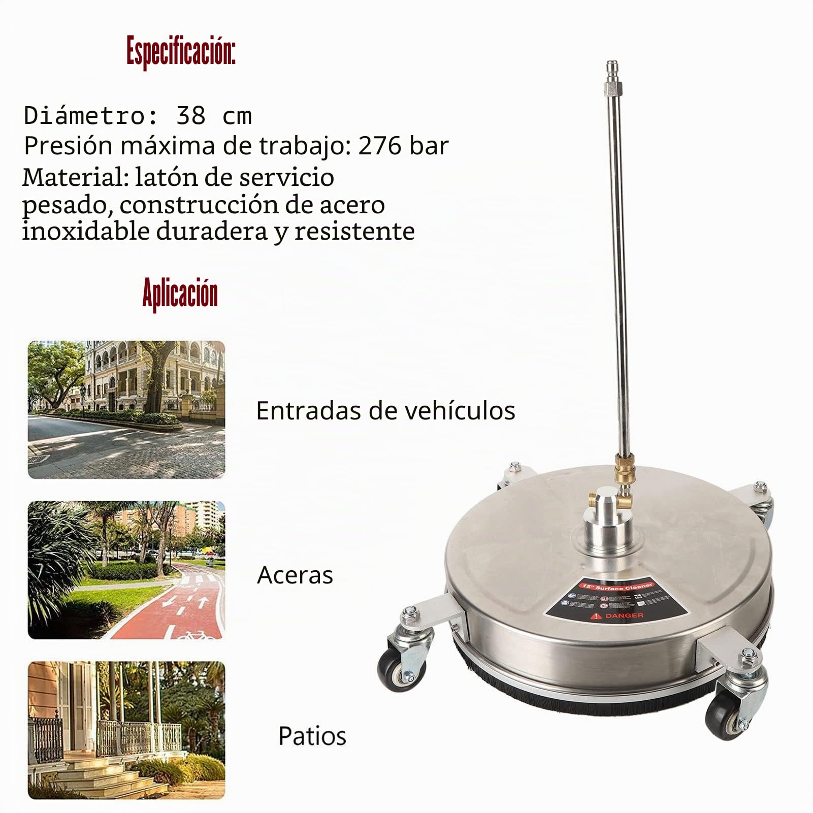 Limpiador Superficies 15" 4000 PSI para Lavadora de Presión con 4 Ruedas y Cepillo Duro para Pisos de Plástico Baldosas y Hormigón terraza、 entrada de vehículos y zonas exteriores.