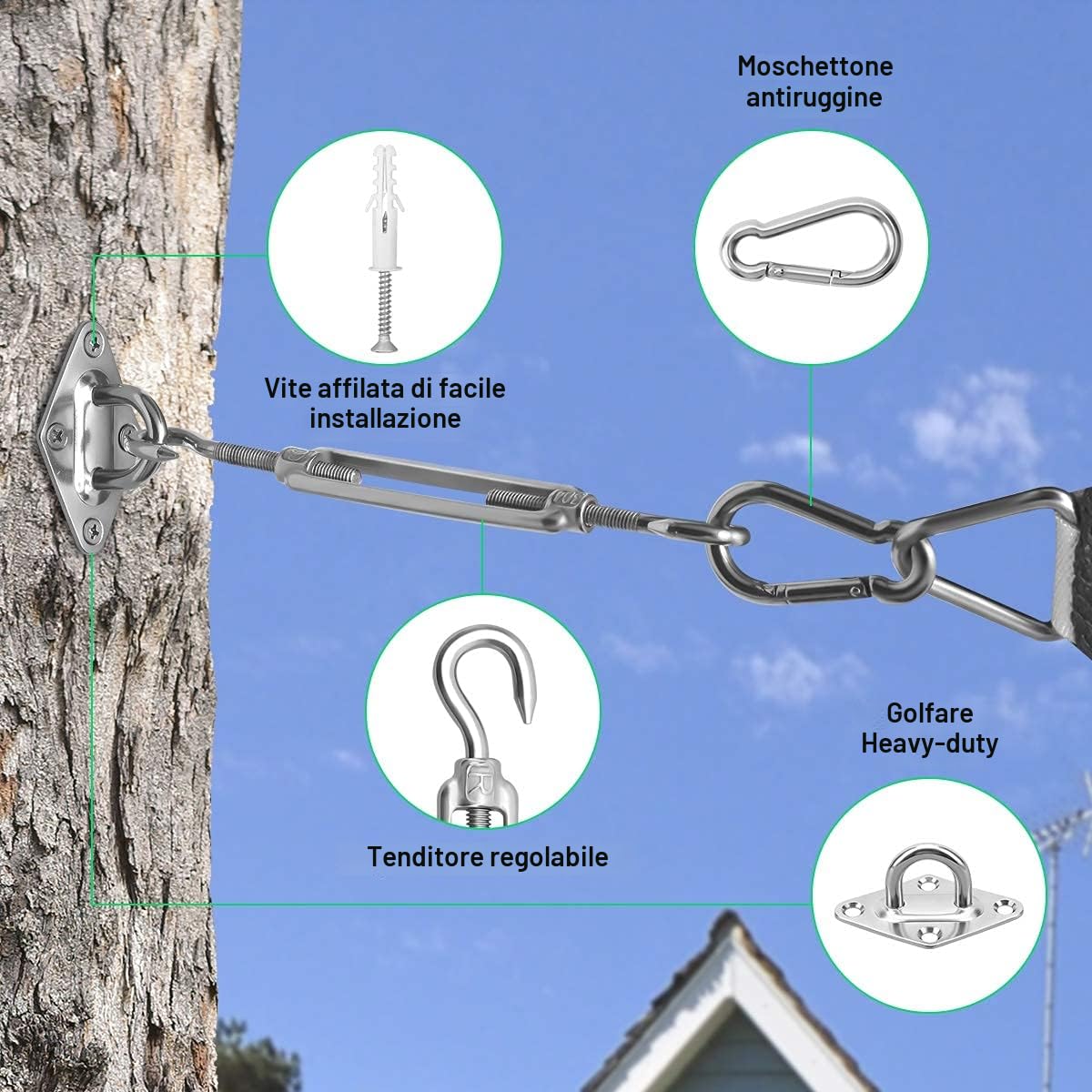 Kit di fissaggio M6 in acciaio inox 304 per tenda parasole a vela triangolare e quadrata