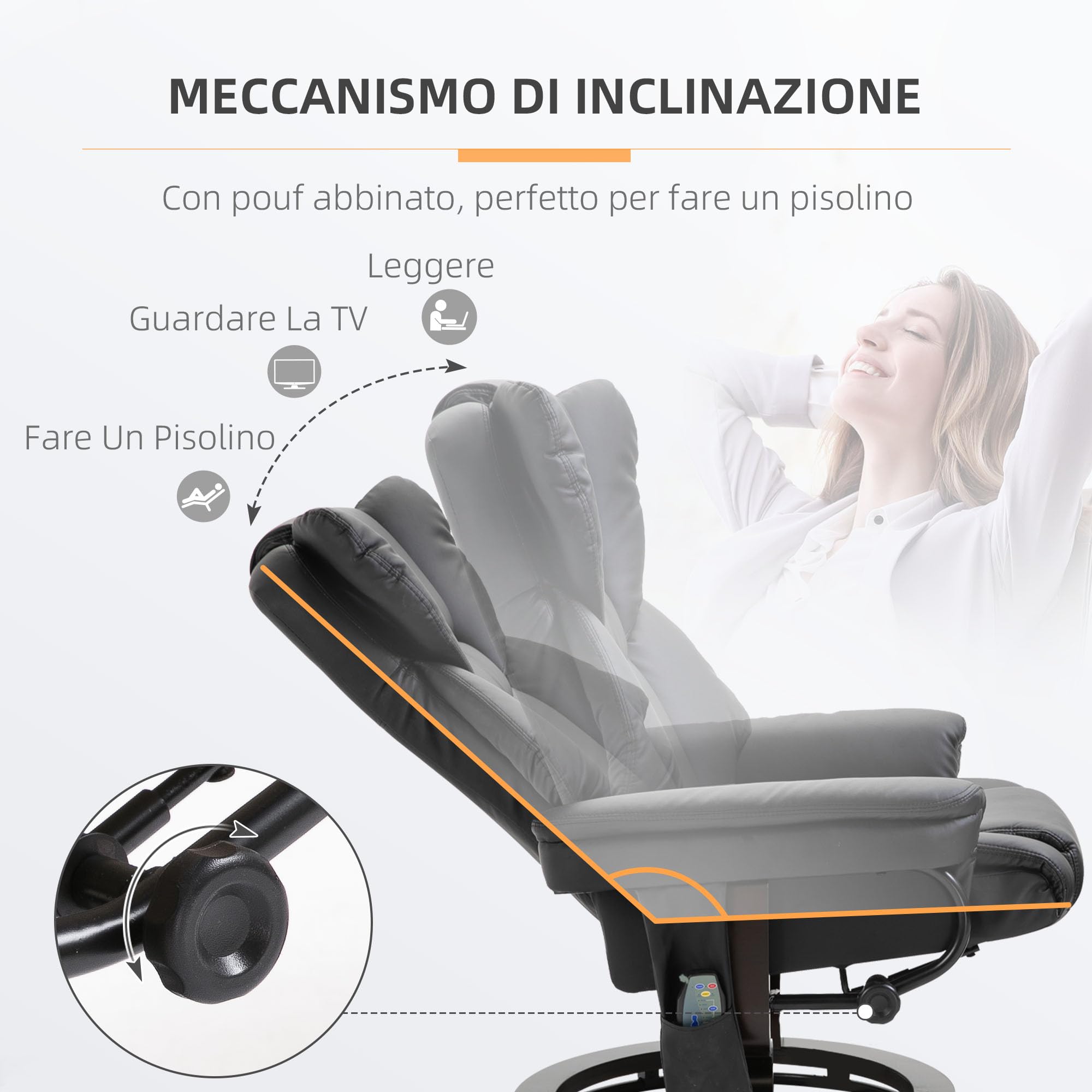 HOMCOM Poltrona Relax Elettrica con Pouf Poggiapiedi e Funzione Massaggio, Poltrona Reclinabile a 145° con Seduta Girevole a 360°, Rivestimento Finta Pelle, Nero