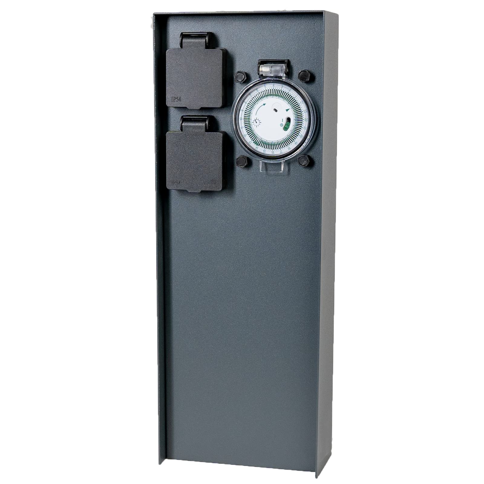 Grafner Edelstahl Design Gartensteckdose mit Zeitschaltuhr 2 Steckdosen, anthrazit, ON/AUTO, 3600 Watt, Pulverbeschichtung, Energiesäule Timer Mehrfach Metall Außen Steckdose 2-Fach schwarz lackiert