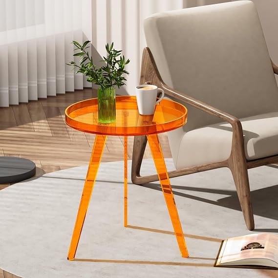 Clear Acrylic Side Table, Round End Table Bedside Table for Living Room Bedroom (Orange)