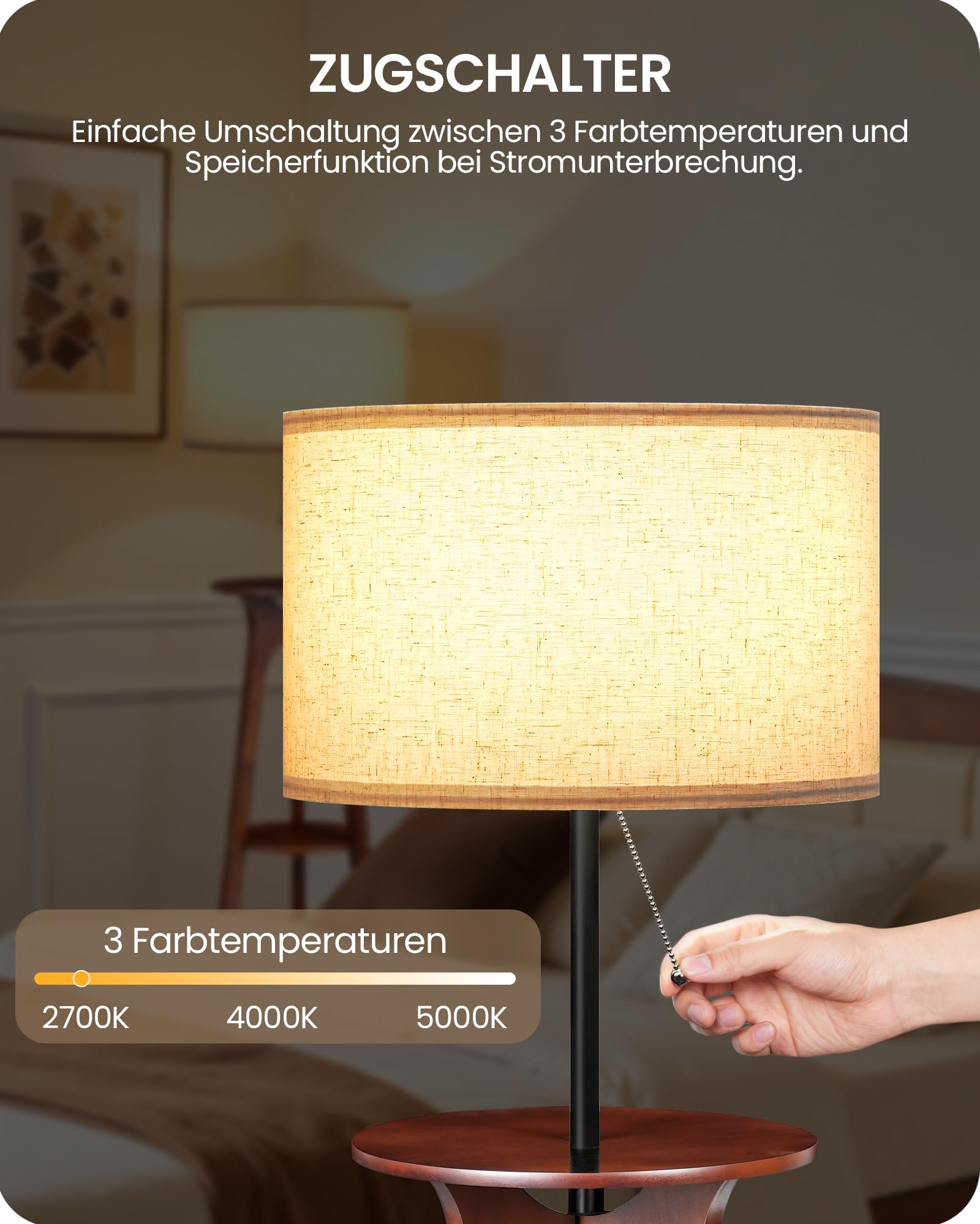 Stehlampe Dimmbar Dreibeinige Holz mit 3 Regalen, Holzstativ Stehleuchte mit 3 Farbtemperaturen für Wohnzimmer, Schlafzimmer, Arbeitszimmer, Beige und Dunkle Walnussfarbe, ZSTE25LDD05