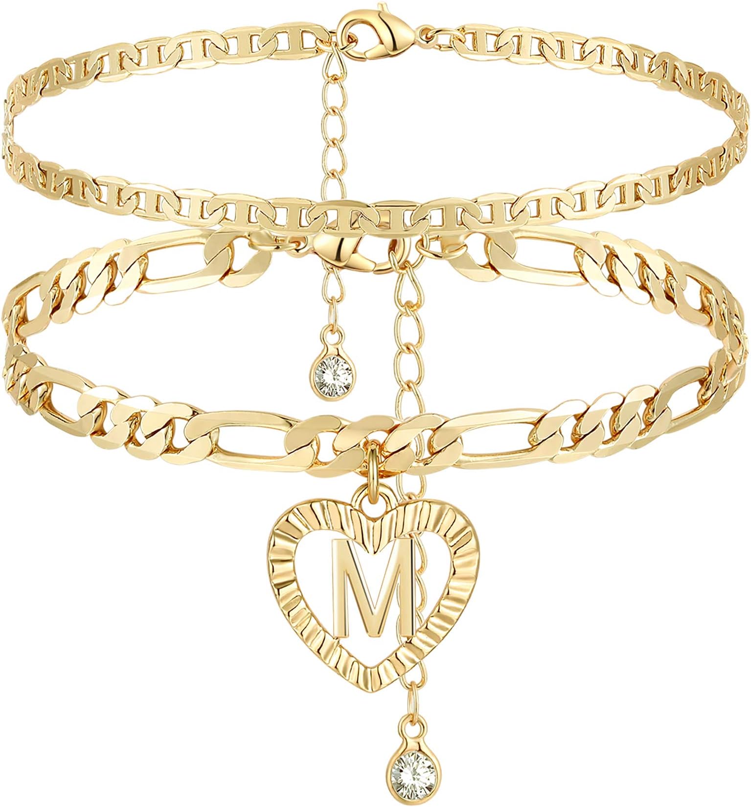 14K Gold Plated YANODA Initial Anklet Layered Figaro Chain Initial Initials Handmade Layered Heart Anklet Personalized Gifts for Teen Women Girls Gold