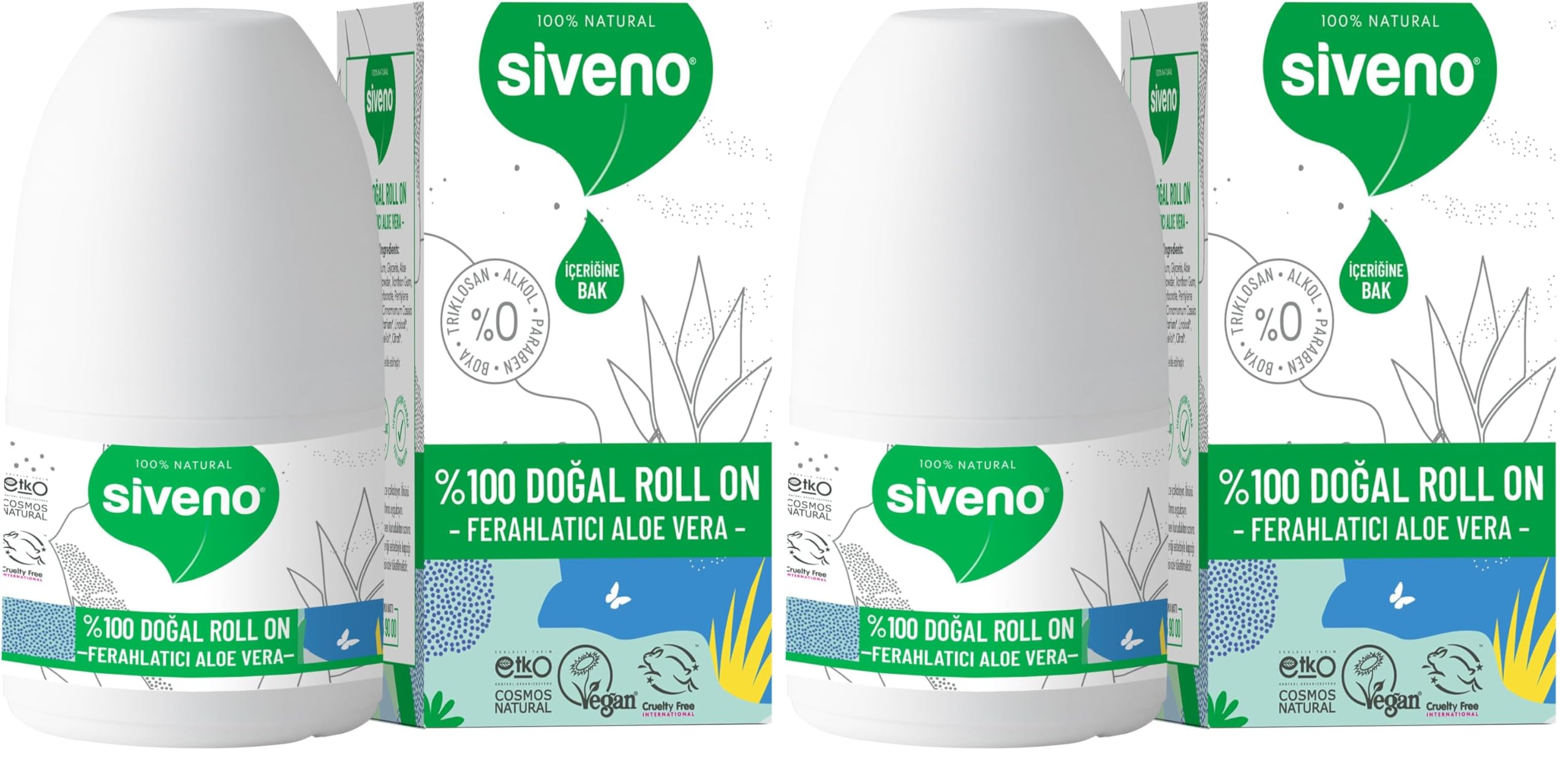 Siveno%100 Doğal Roll-On Aloe Vera Deodorant Ter Kokusu Önleyici Bitkisel Lekesiz Vegan 50 ml (2 paketi)