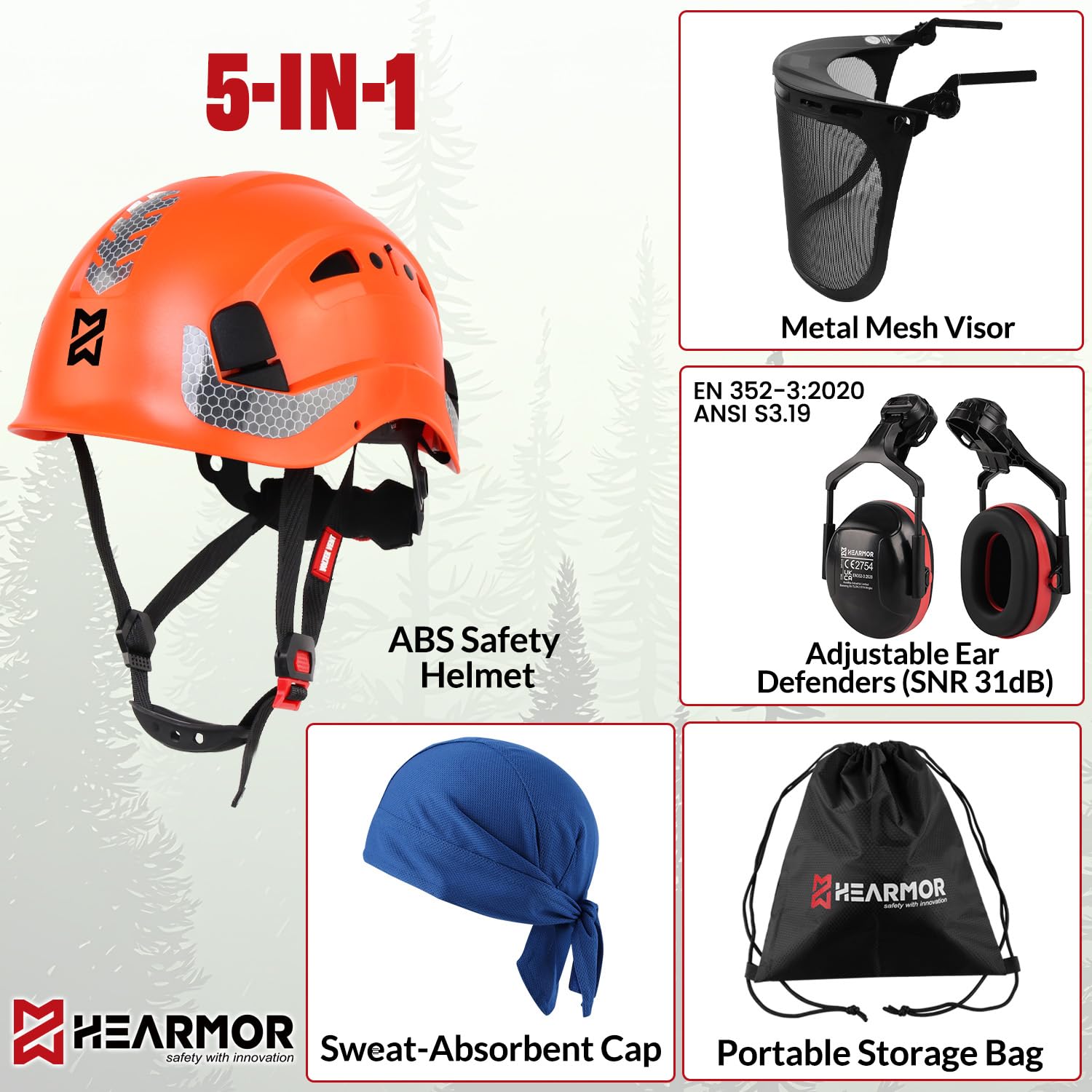 HEARMOR VOLTEK Zestaw kasków ochronnych 5 w 1, kask ABS z ochraniaczami na uszy, wizjer, czapka przeciwpotowa i torba do przenoszenia, odporna na wstrząsy, wygodna, wentylowana konstrukcja, dla