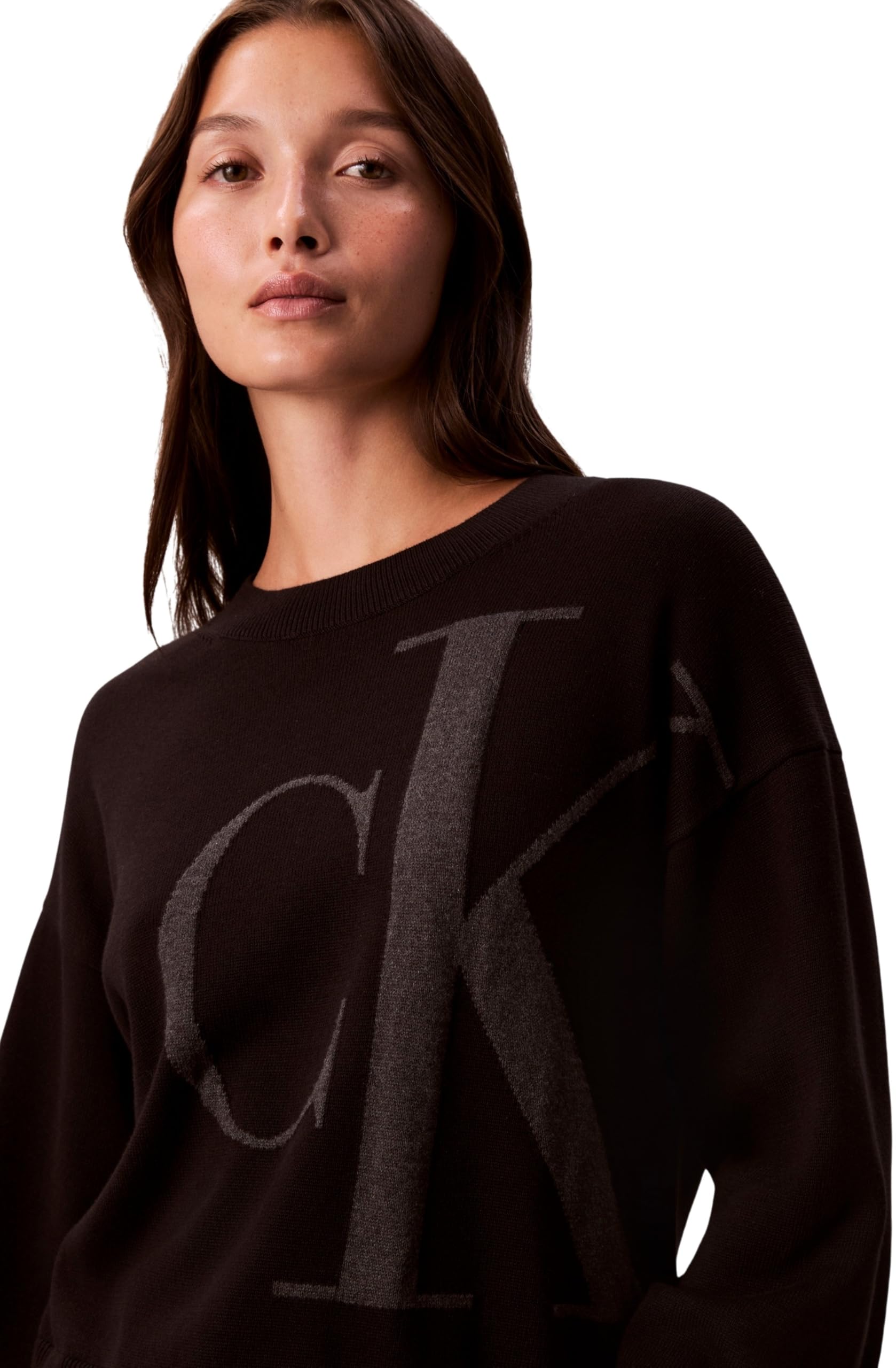 Calvin Klein Damen Long Sleeve Smooth Cotton Ck Jac Lv047e304g Pullover