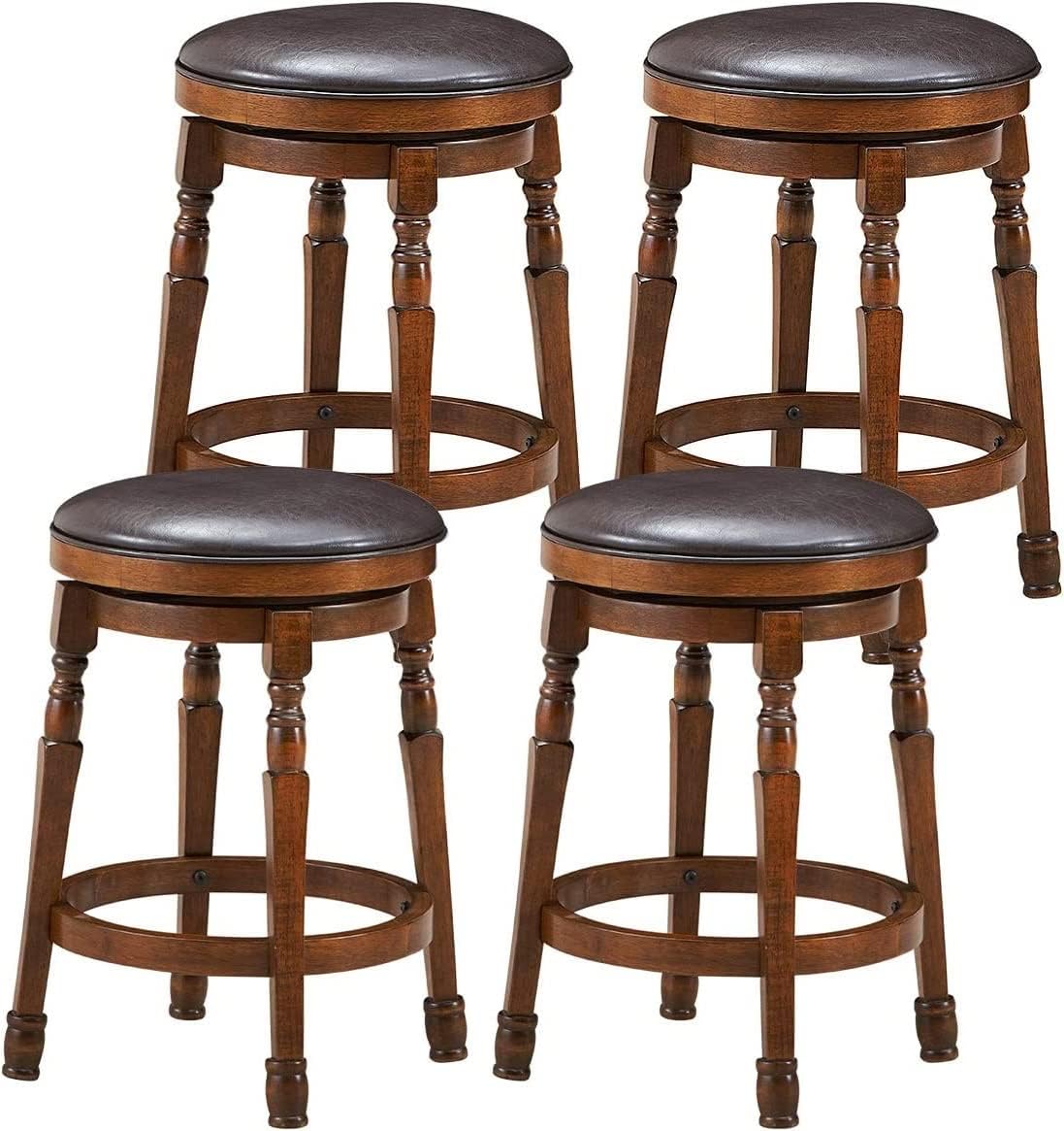 COSTWAY Retro Bar Stools Set of 4, 24-Inch Counter Height Round Bar Stool with 360° Swivel Cushioned Seat & Sturdy Natural Rubber Wood, Soft PU Leather Barstool for Home Pub Cafe, Easy Assembly
