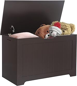 Toy Chest for Girls Boys Wooden Storage Box with Flip-top Lid & Safety Hinge, Kids Room Play Room Nursery Organizer, Bedroom Bench with 100L Storing Area, Brown