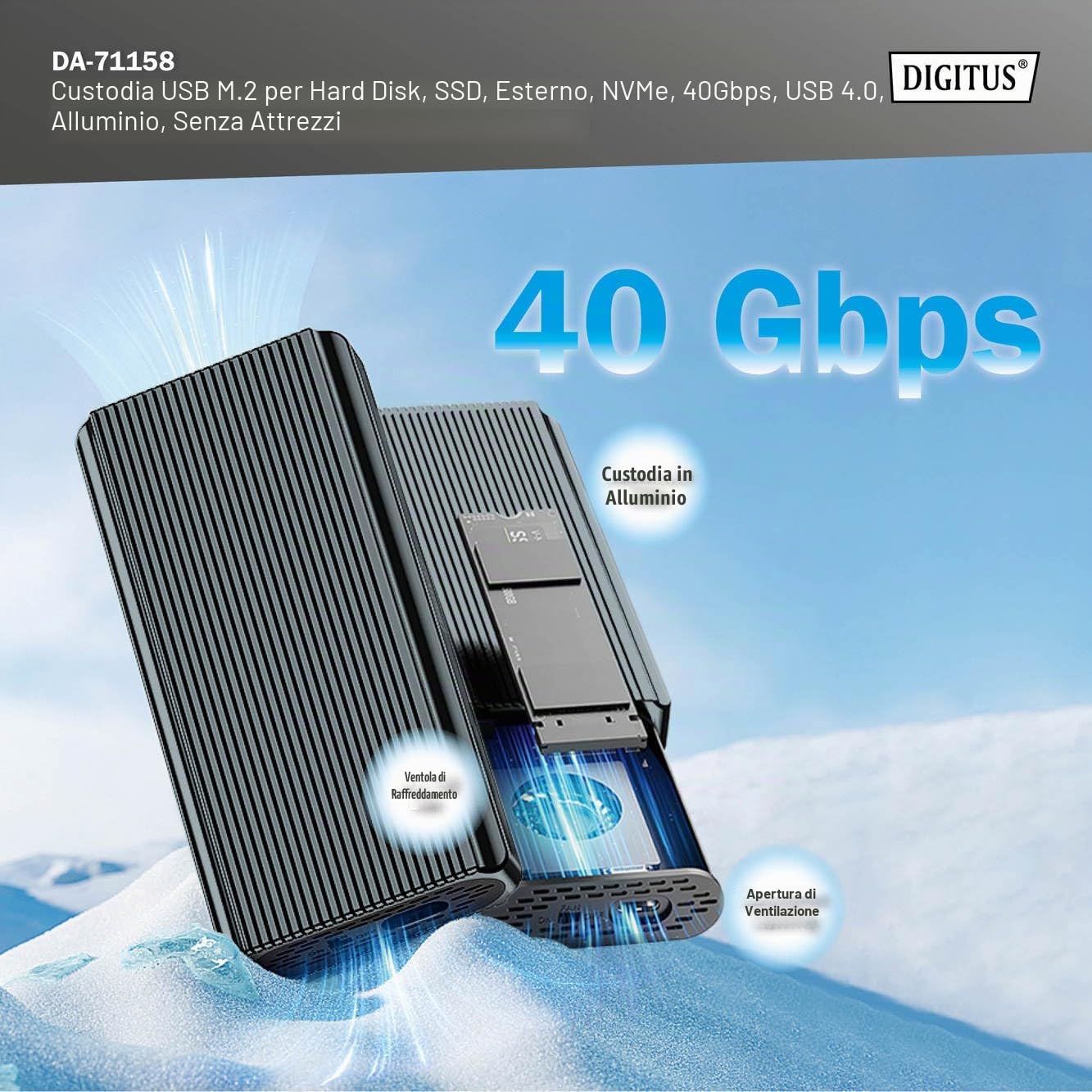 Custodia Per Disco Rigido Digitus Usb M.2, Ssd, Esterna, Nvme, 40 Gbps, Usb 4.0, Alluminio, Senza Attrezzi