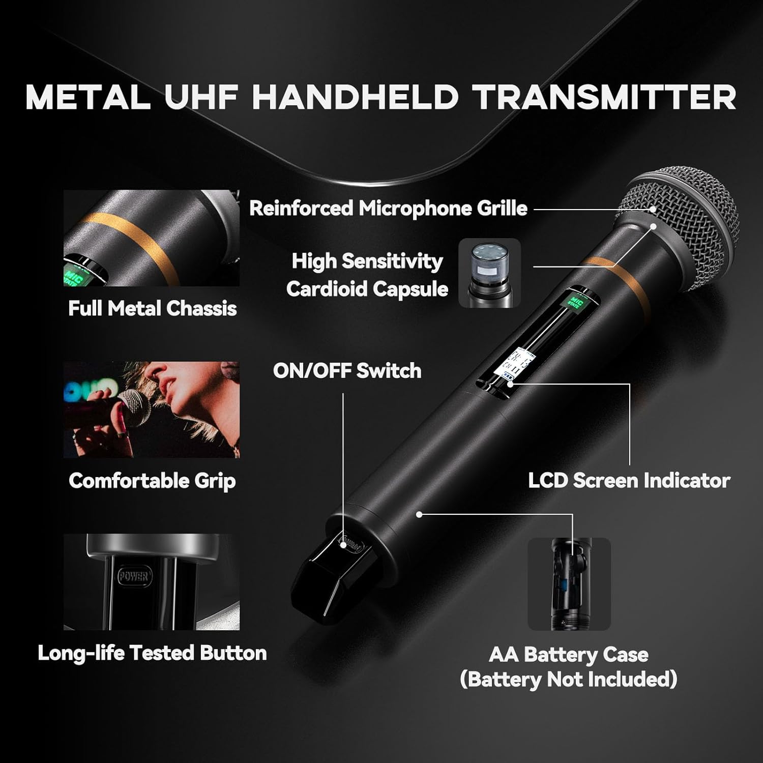 Wireless Professional Microphone System, Cordless Handheld Dynamic Mic, Dual UHF 200-Channel, Metal Microphones 328ft Long Range for Karaoke, Church, DJ, Wedding, Singing - Image 4