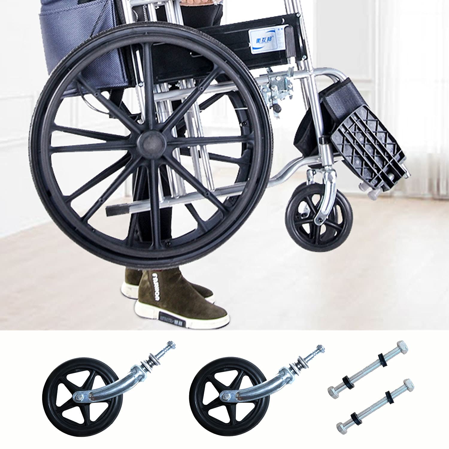 Rueda de Repuesto para Silla de Ruedas, un Par de Ruedas Delanteras Negras para Silla de Ruedas, Conjunto de Horquilla Delantera de Acero Al Carbono/8In(Bold)/19Cm