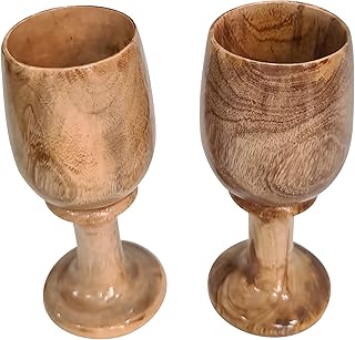 Handcrafted Wooden Goblet Set of 2 – Rustic Teak Wood Chalice Eco Friendly Drinkware for Wine Beer Ale Kitchen Bar Gift Unique Home Decor