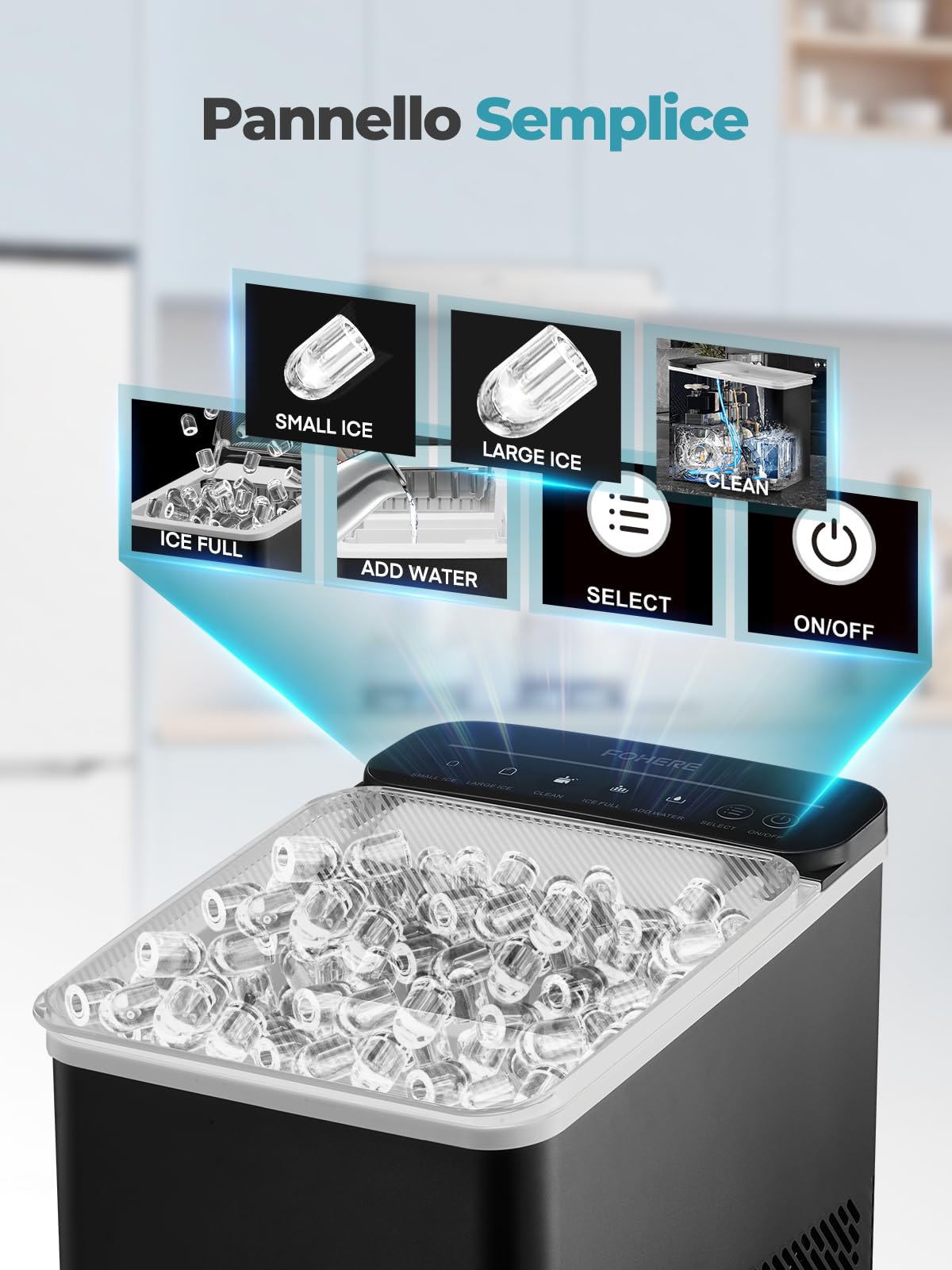 FOHERE Macchina Ghiaccio 14kg/24h, Autopulente, 2 Dimensioni,9 Cubetti in 6 Minuti, Ice Maker con Paletta/Cestello (Nero)