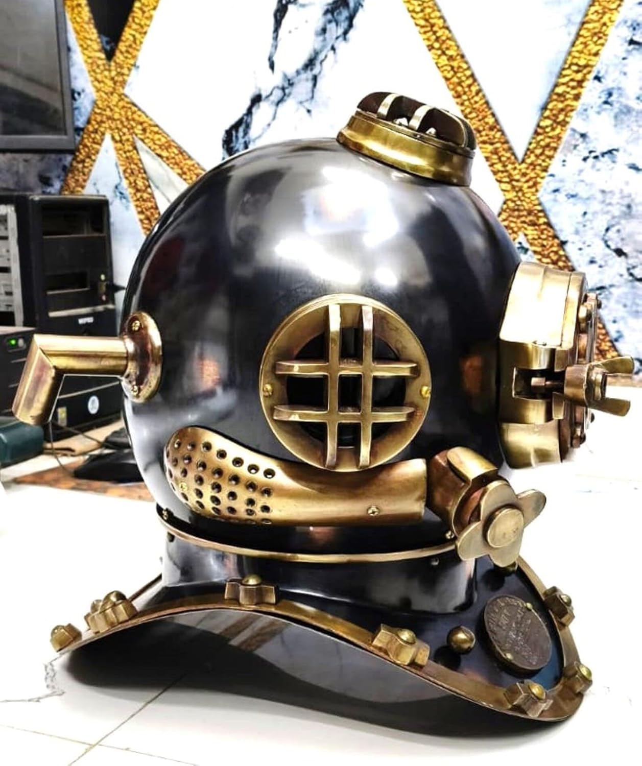 Antique Copper Diving Helmet, US Navy Mark V Style, Decorative Nautical Collection Piece