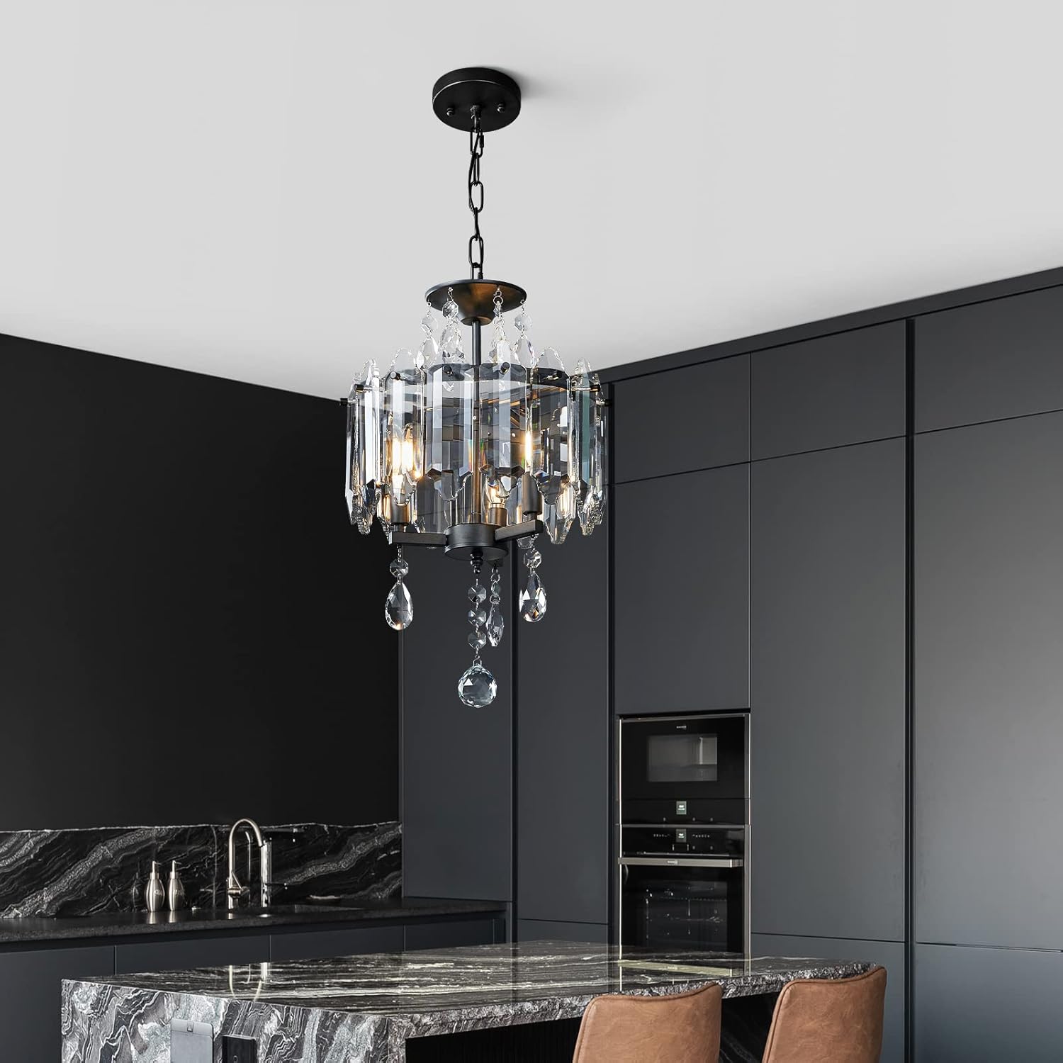 Modern Crystal Chandelier Light Fixtures Black Mini Crystal Chandeliers Ceiling Light Farmhouse Pendant Lighting for Kitchen Island Bedroom Dining Room Hallway Entryway (3-Light)