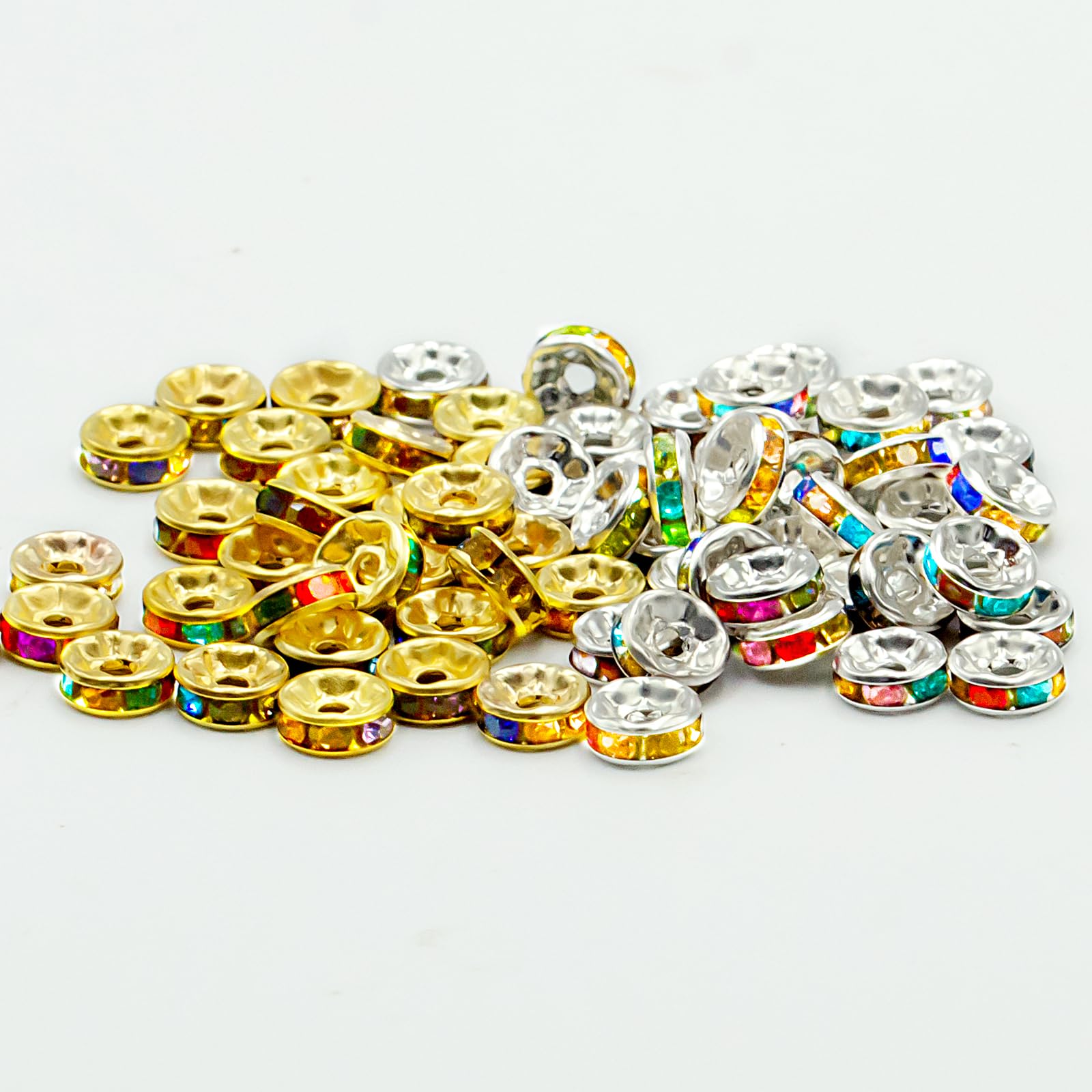 【BEAUTY PLAYER】ロンデル 6mm 平型 200個 ゴールド シルバー 各100個 ラインストーン付き スペーサービーズ メタル ビーズ アクセサリーパーツ ジュエリー 手芸 クラフト用品 手作り素材 DIY材料 (6mm 混合色)