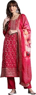 INDO ERA Women's Straight Silk Blend Ethnic Motifs Printed Embroidered Kurta & Pant with Dupatta Set (KH9PR10504) Price In India