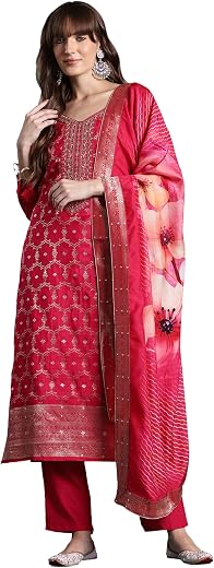 INDO ERA Women's Straight Silk Blend Ethnic Motifs Printed Embroidered Kurta &amp; Pant with Dupatta Set (KH9PR10504)