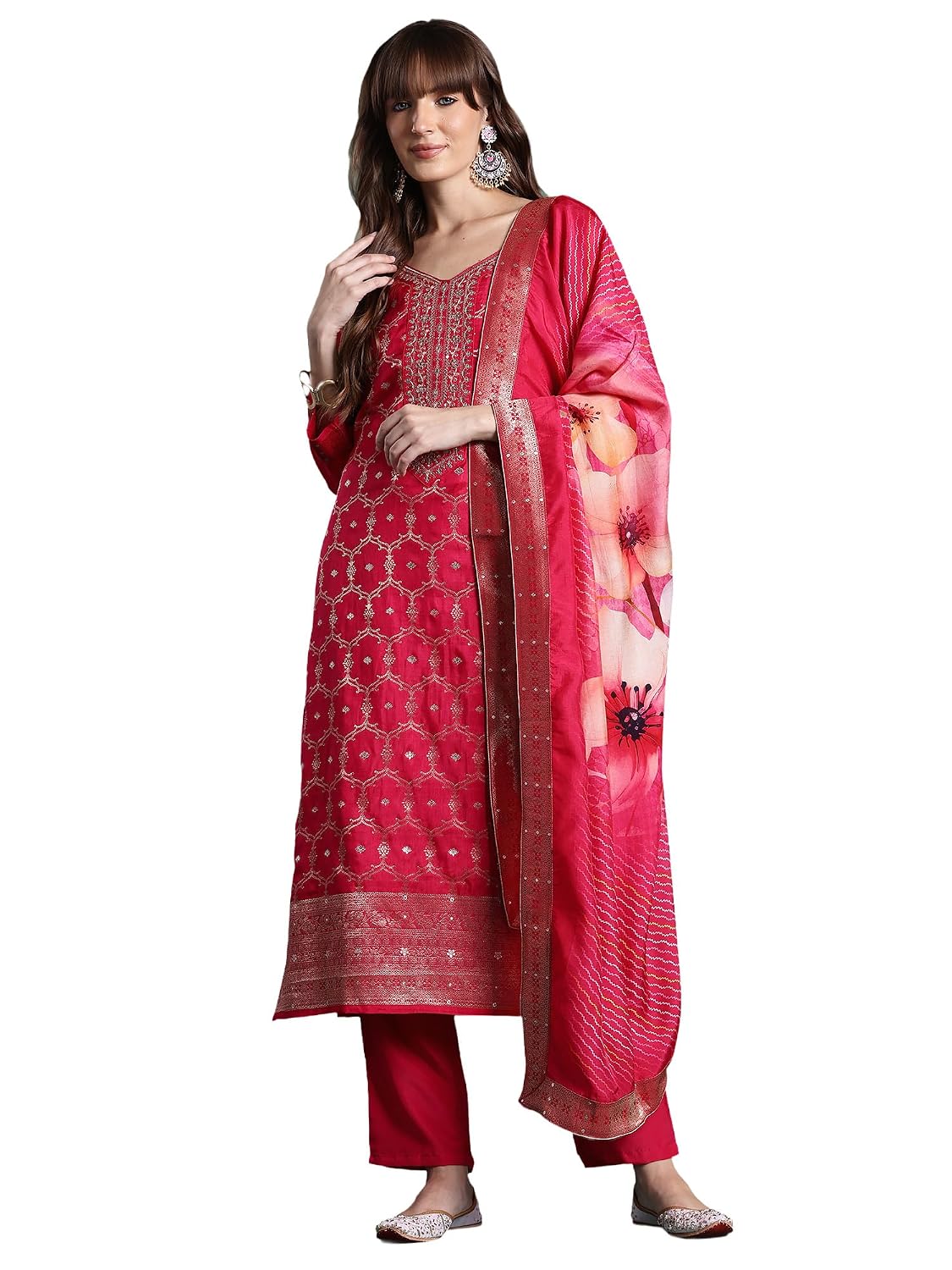 INDO ERA Women's Straight Silk Blend Ethnic Motifs Printed Embroidered Kurta & Pant with Dupatta Set (KH9PR10504) - Review, Price and Buying Guide