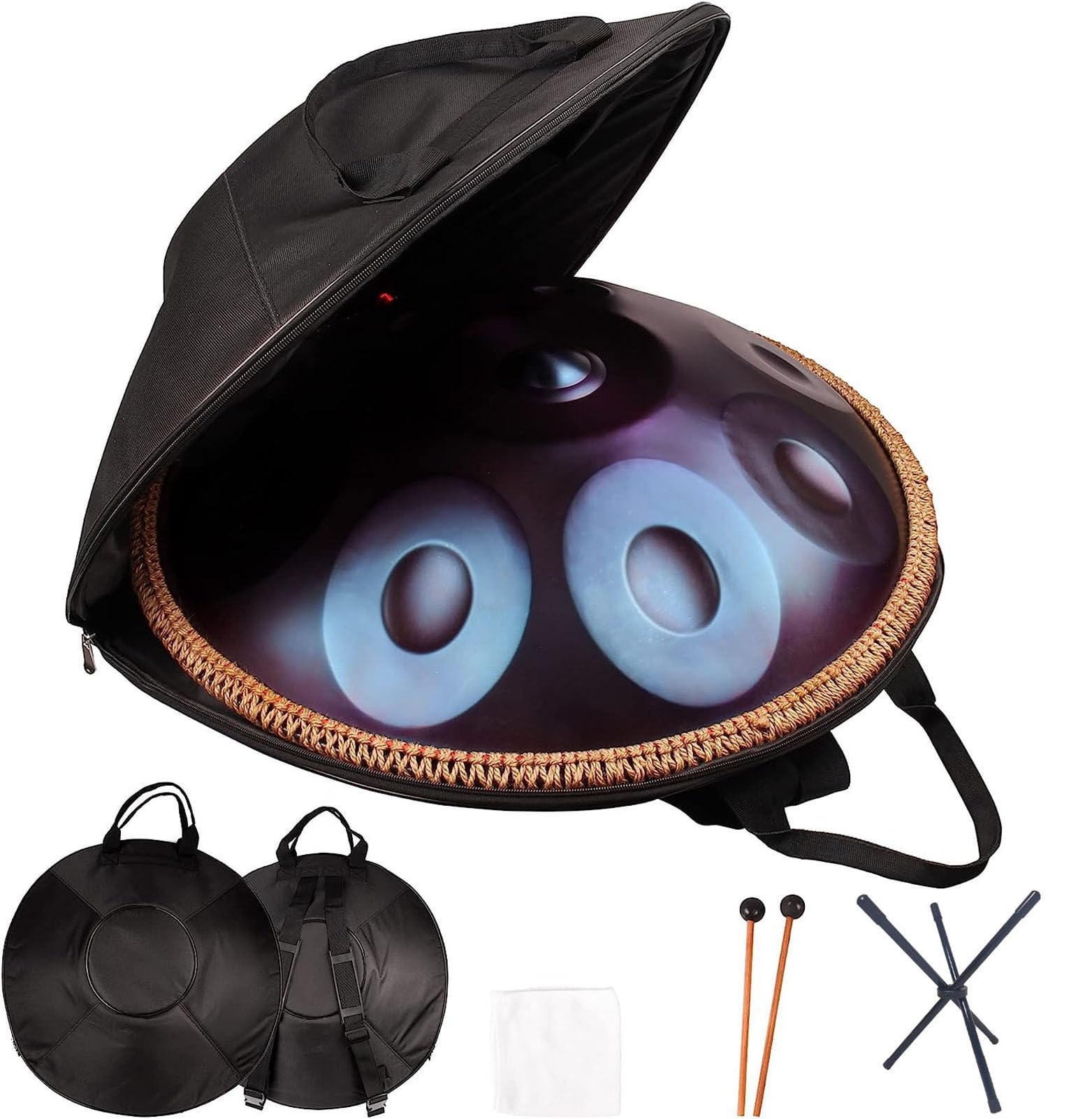 Tambour De Handpan Harmonique Violet en Ré Mineur 9 Notes Tambour De Langue en Acier De 22 Pouces avec Support De Handpan, étui De Handpan, Maillets Durables
