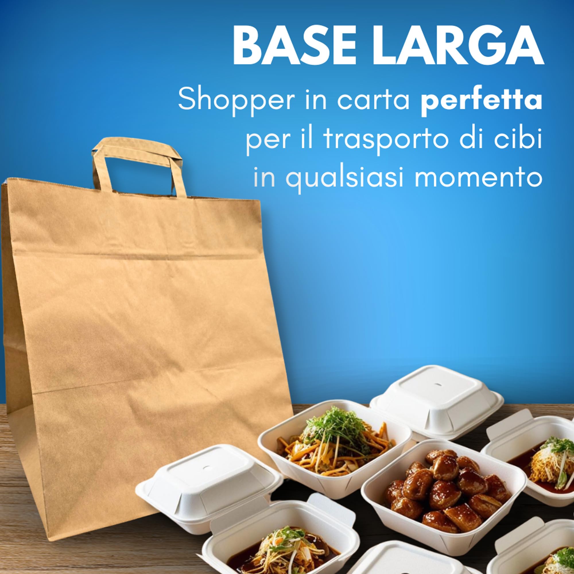 GM 50 Shopper Asporto in Carta 26+17x29h cm Avana Borse con Base Larga e Manici per Cibo Bevande Take Away