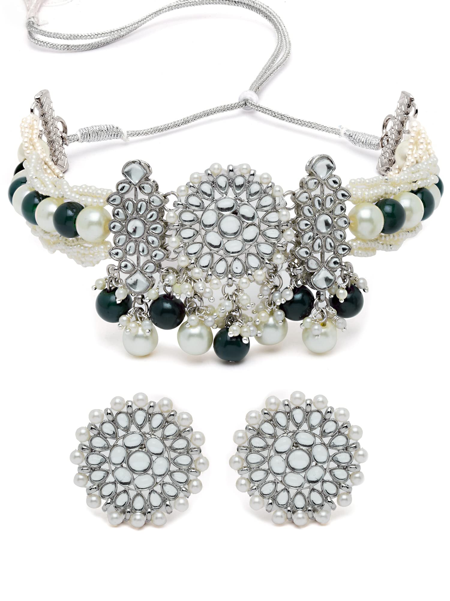 Karatcart Oxidised Silver Green and Pearl Beads Studded Kundan Choker Necklace Set for Women (B0BDDVFZTT) Amazon Price History, Amazon Price Tracker