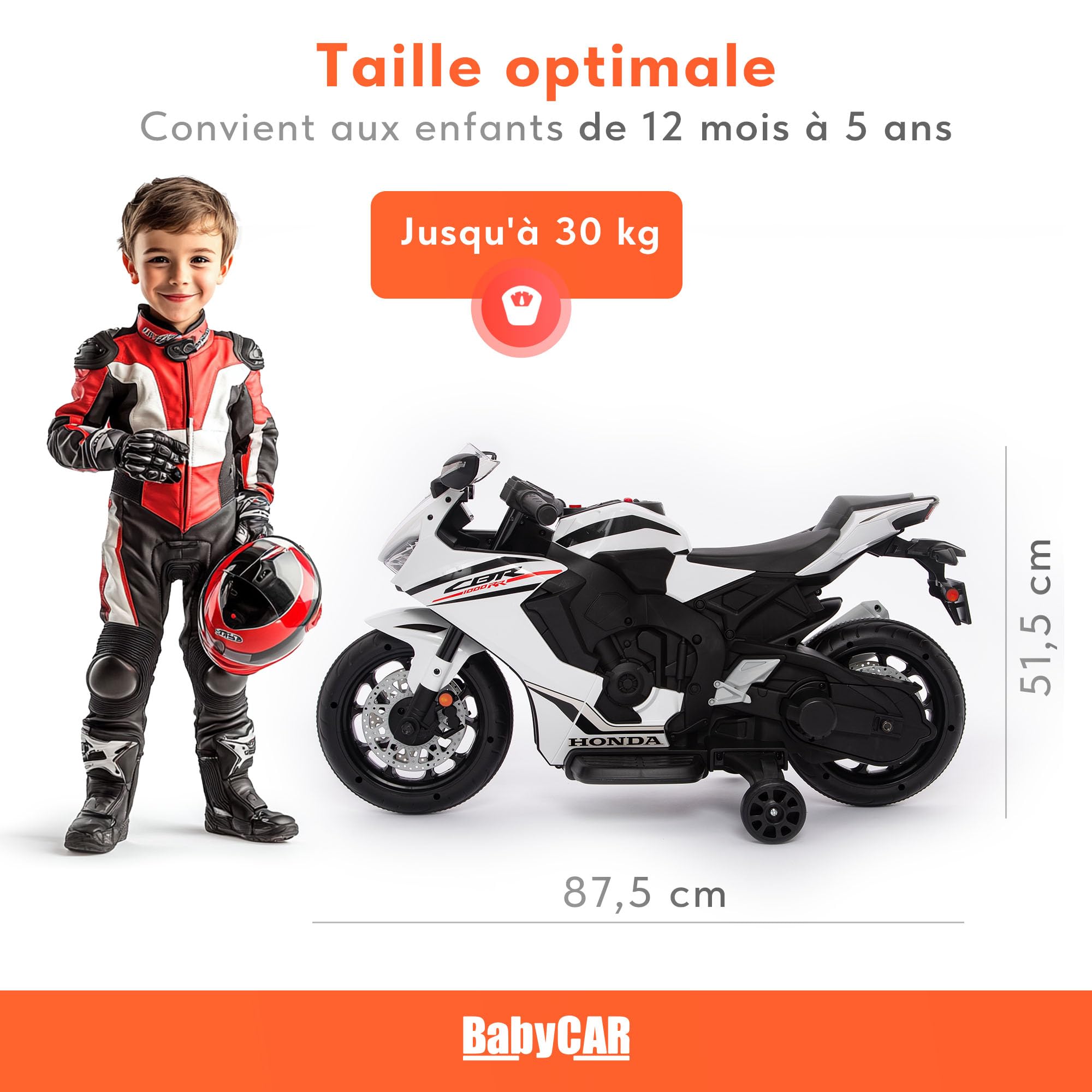 Moto Electrique Enfants BabyCar Honda CBR 12V | Moto Électrique Enfant 3-5 Ans avec Lumières, Sons, MP3/USB et Roulettes Stabilisateurs | Batterie 12V 3,5Ah, Moteur 30W et Accélérateur au Pied | Blanc
