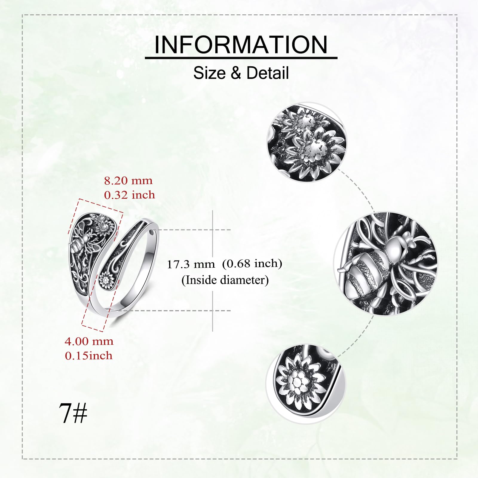 Bague abeille en argent sterling 925 Cuillère tournesol réglable Vintage Bagues Bijoux pour femme mère