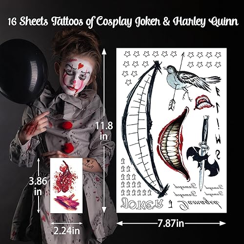 Miniatura 10 de 13 hojas de tatuajes temporales HQ de Joker para hombres y mujeres, escuadrón suicida, tatuajes temporales falsos de Halloween, realistas para