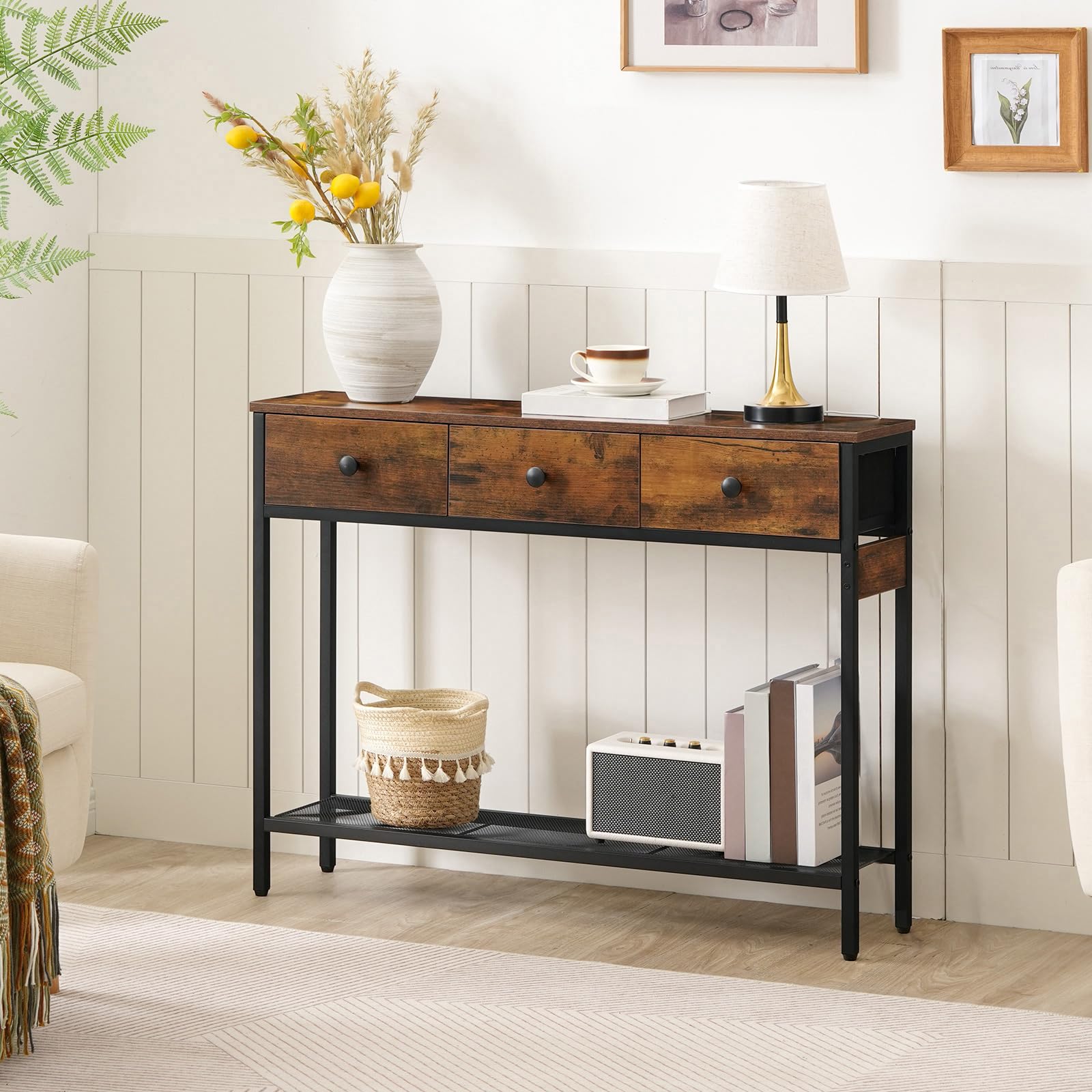 HOOBRO Mesa de Consola Estrecha con 3 Cajones, Mesa Auxiliar, Mueble Industrial para Sofá, con Estante de Almacenamiento, para Pasillo, Dormitorio y Recibidor, Marrón Rústico y Negro EBF83XG01