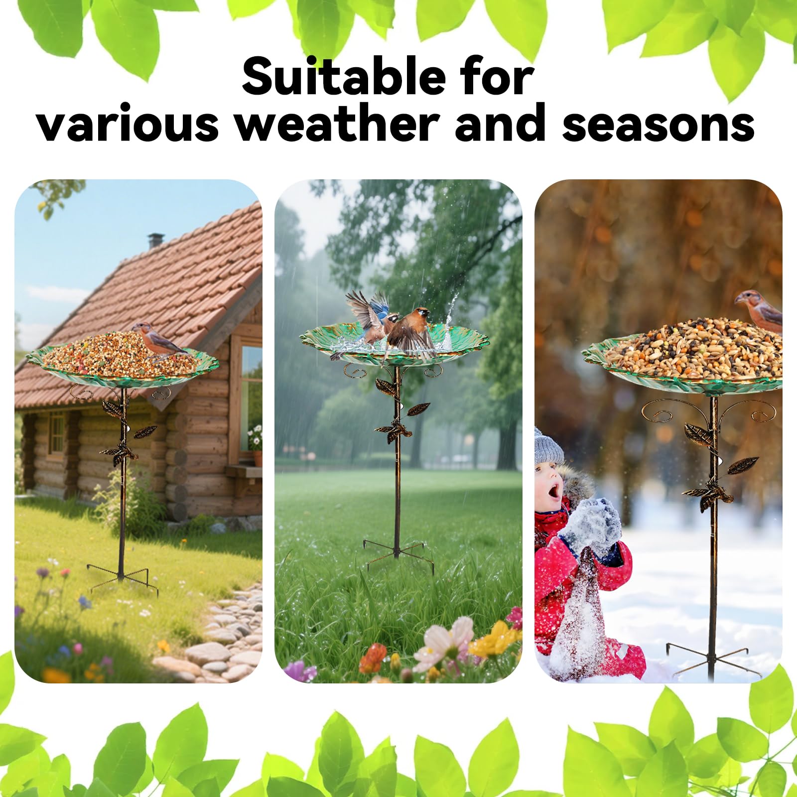 Bain D'oiseaux Debout En Métal Vintage 78 Cm - Base 5 Dents Stable, Résistant à L'hiver