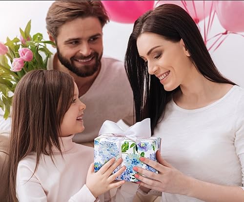 Miniatura 7 de MAYPLUSS Rollo de papel de regalo floral para regalo, papel de envoltura de regalo floral con diseño de hortensias azules en acuarela para bodas,