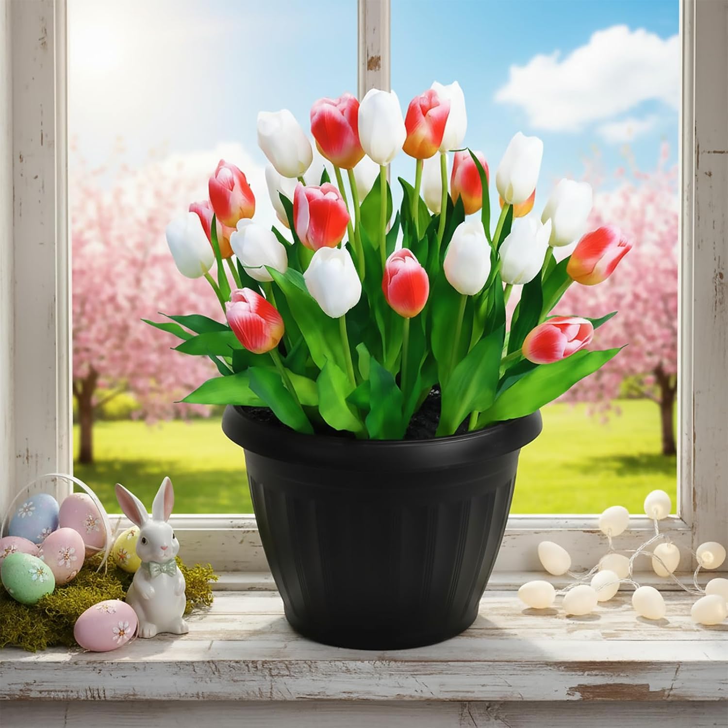 28PCS Artificial Tulips with Plastic Planter, Faux Tulips Rose Red & White Flowers Group, Artificial Floral Spring Summer Home Decor for Tabletop, Living Room, Office, Valentine's & Mother's Day