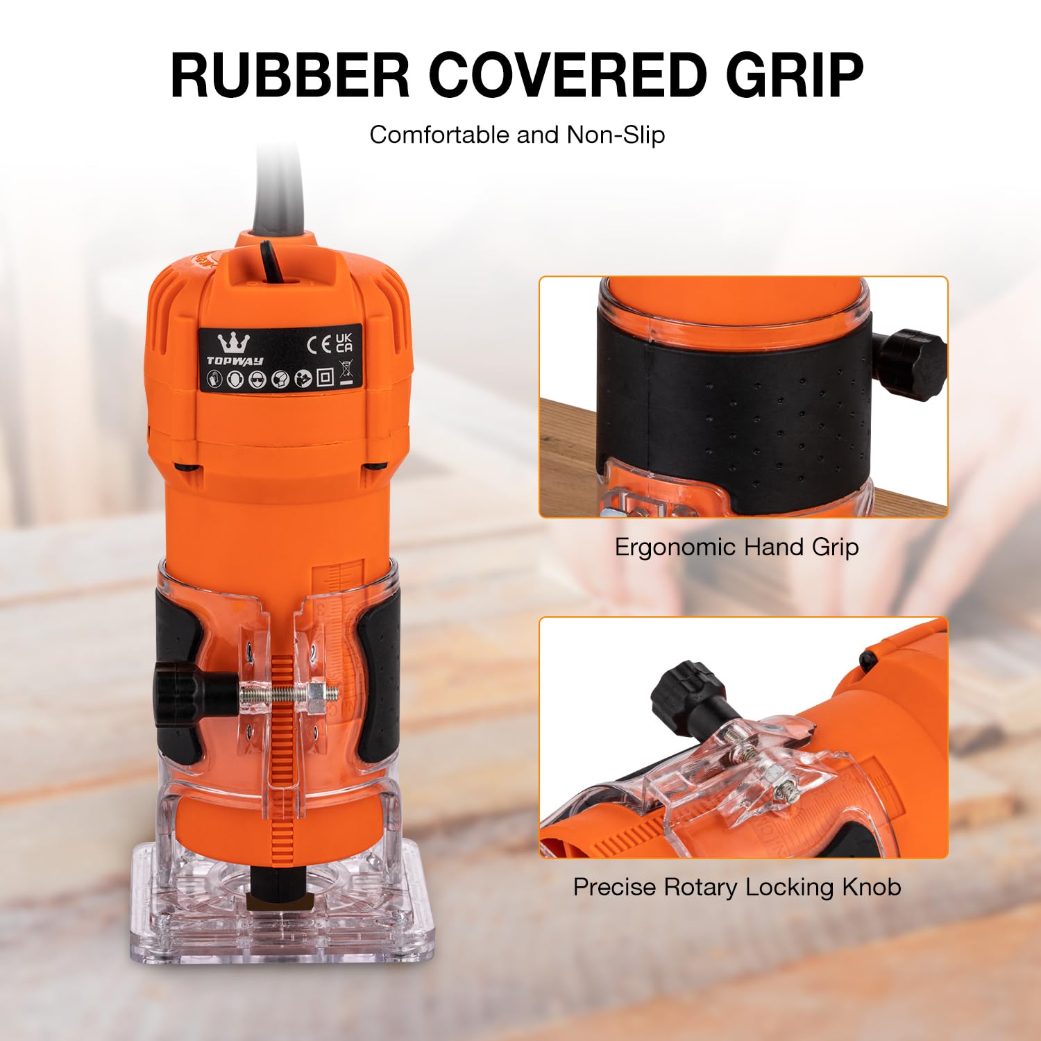 TOPWAY Fresadora Eléctrica de Mano para Madera 500W, Compacta con 2 Portabrocas de 1/4" y 6mm, Base Recortadora para Carpintería DIY (Económica) 100636